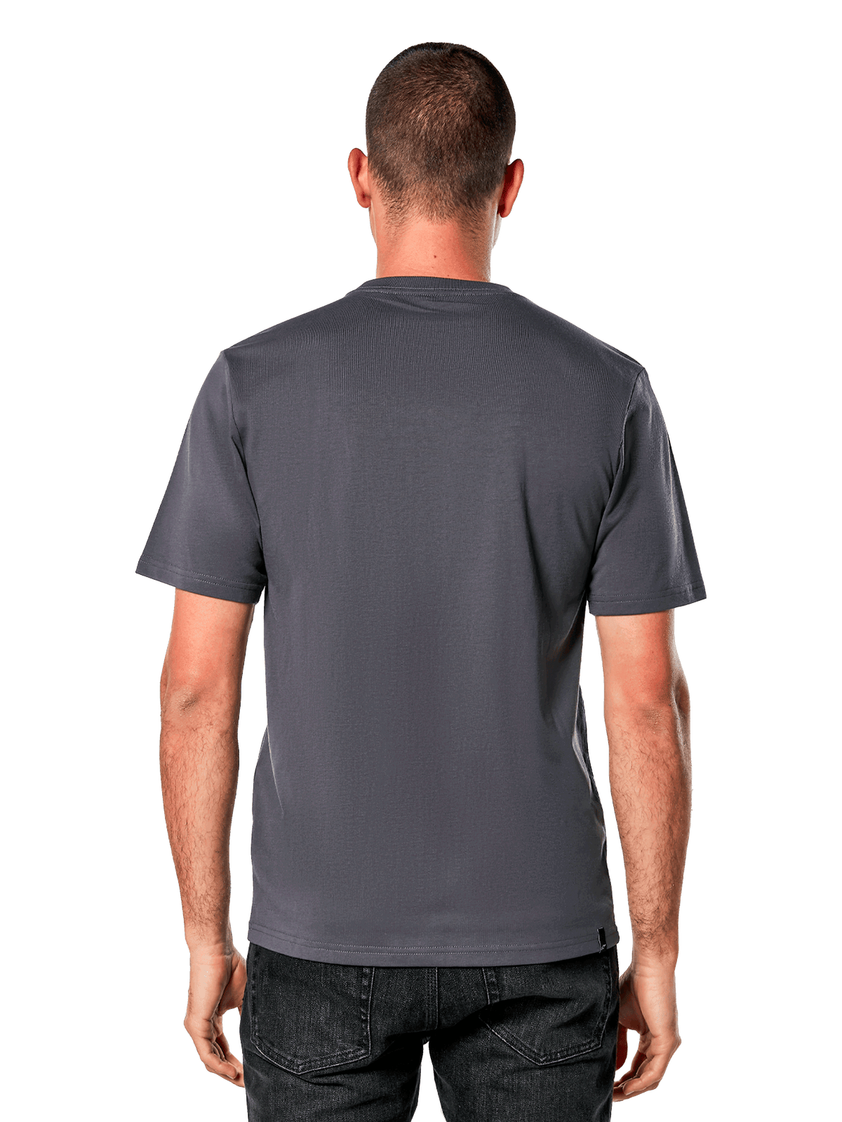 Alpinestars Galun CSF Tee, maglietta a maniche corte, grigio, vista posteriore, indossata con jeans neri, streetwear casual motorsport