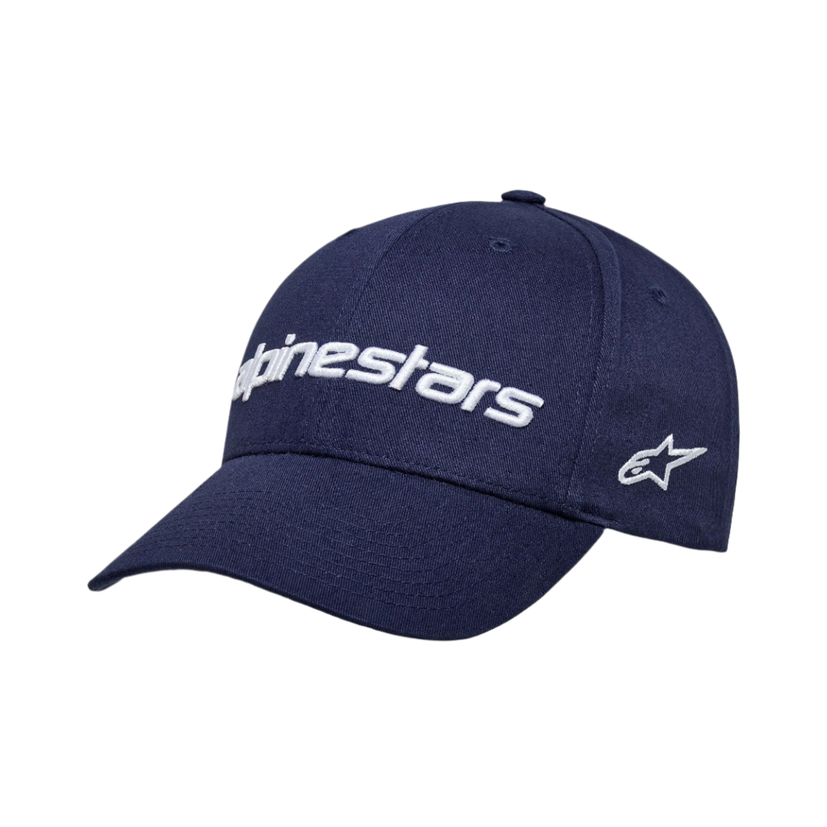 Cappello Alpinestars Linear Wordmark 2.0, blu navy con logo bianco ricamato in 3D, visiera curva, corona strutturata, logo a stella laterale, cappellino sportivo in twill di cotone