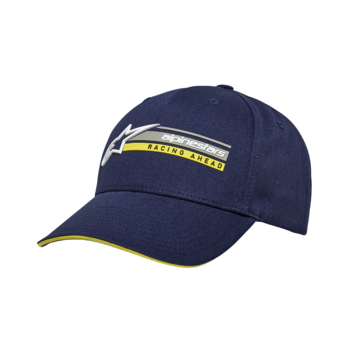 Alpinestars Par Hat, cappellino snapback blu navy, ricamo logo 3D con testo 'RACING AHEAD' giallo, visiera curva con dettaglio sandwich giallo, twill di cotone strutturato, copricapo casual da motorsport
