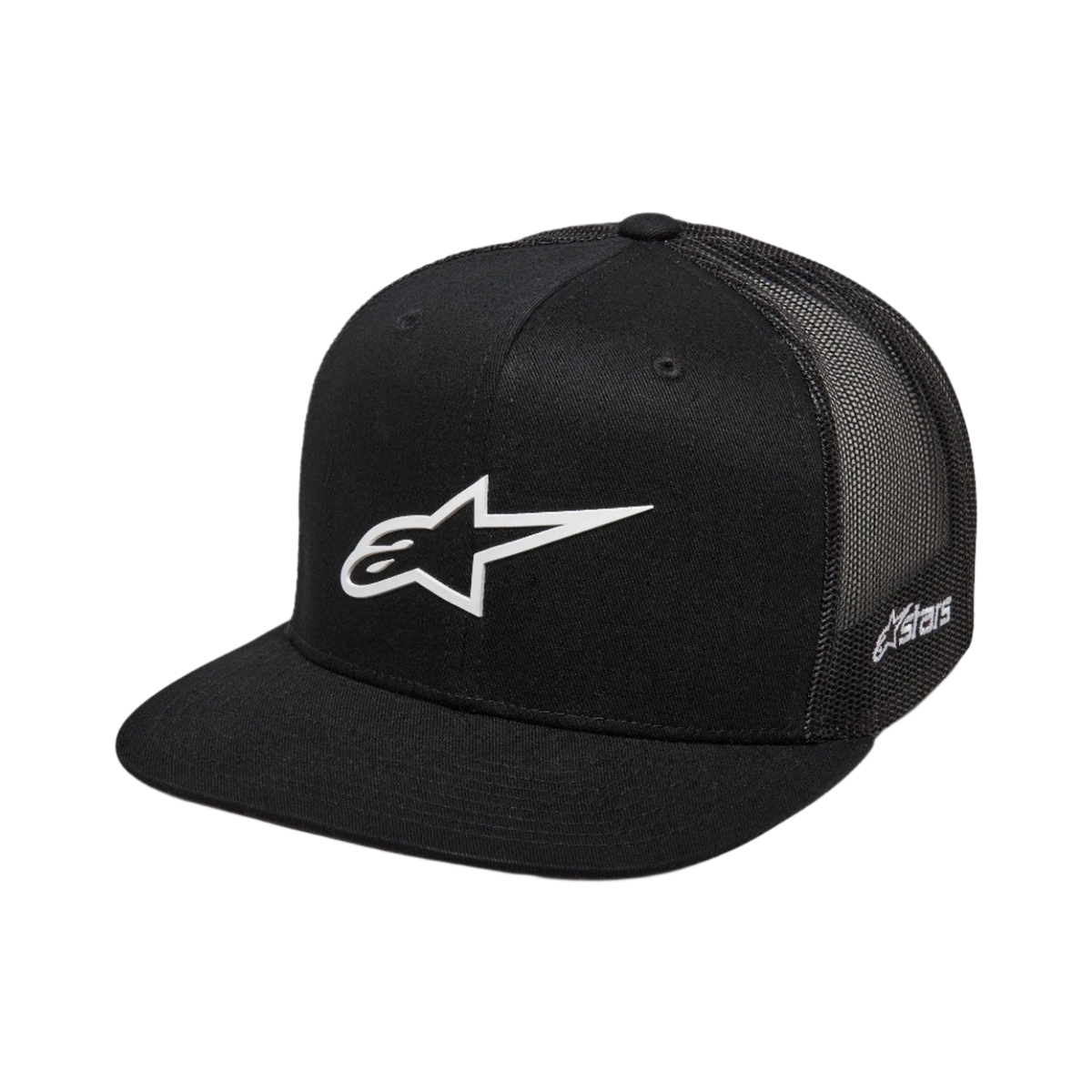 Cappello Alpinestars 3D Ageless Trucker, nero con logo Alpinestars bianco, visiera piatta, corona strutturata, retro in rete nera, abbigliamento sportivo casual ispirato al motorsport