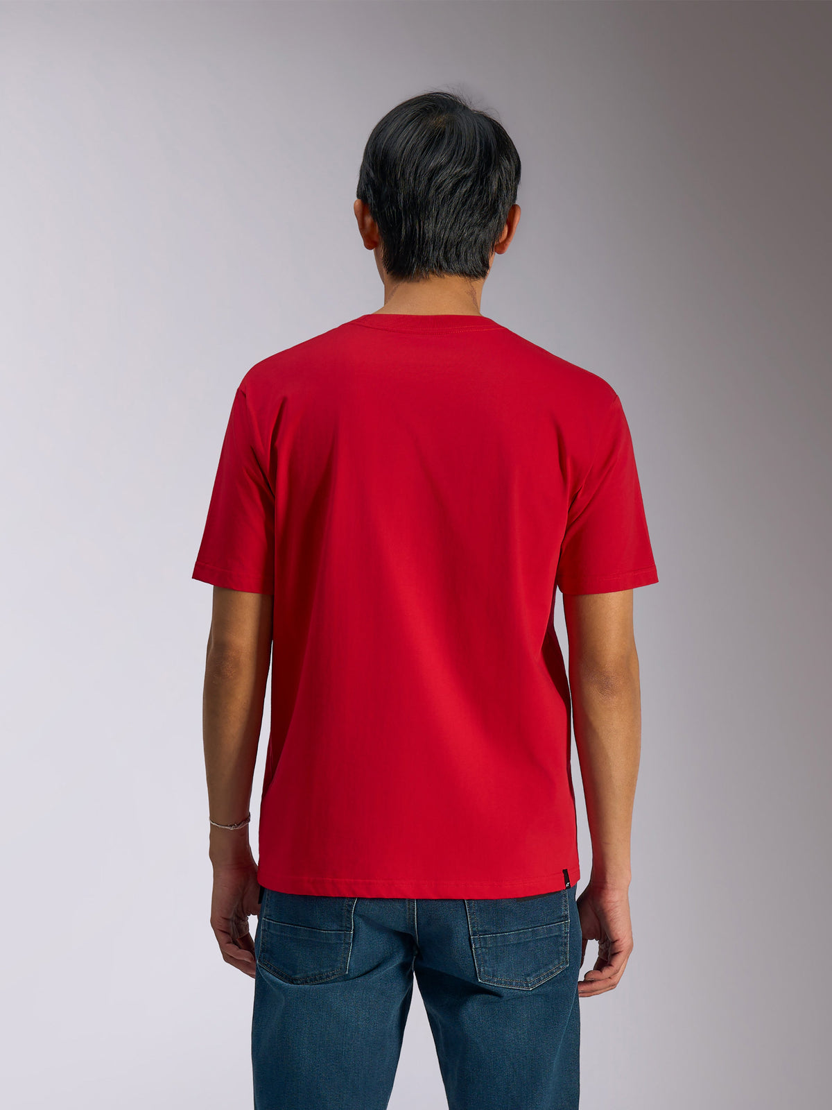 Alpinestars Ageless Shadow CSF Tee, vista posteriore, maglietta a maniche corte, rossa, streetwear casual motorsport, indossata con jeans blu