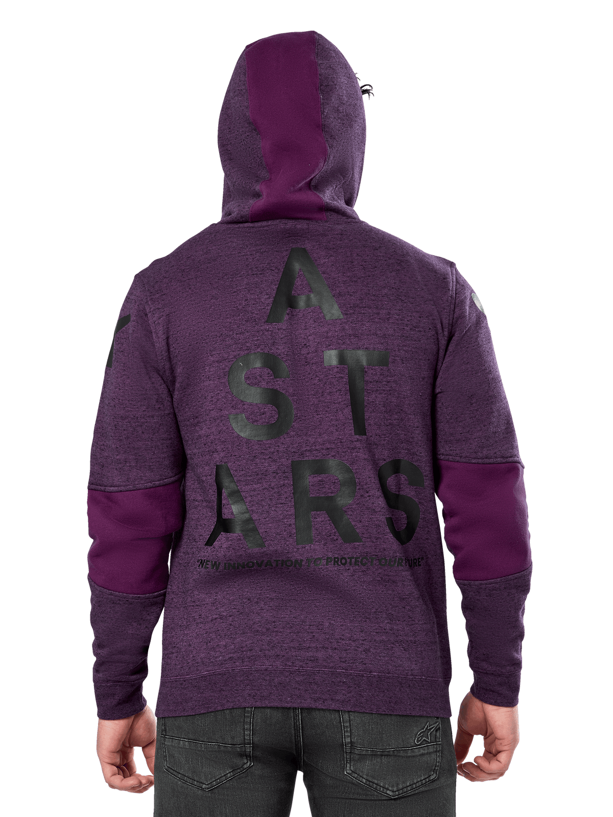 Alpinestars Felpa Perpetuate, felpa in pile mélange viola, vista posteriore con grande grafica nera 'ASTARS' e testo 'NEW INNOVATION TO PROTECT OUR FUTURE', blocchi di colore viola su maniche e cappuccio, design casual ispirato al motorsport