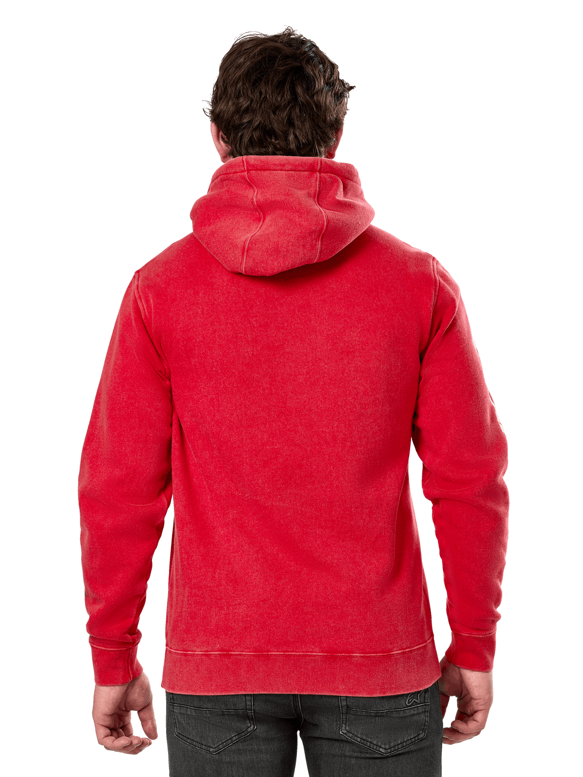 Felpa con cappuccio Alpinestars Unbound, vista posteriore di una felpa in pile rosso tinto in capo, streetwear casual, con polsini e orlo a coste, cappuccio foderato, indossata con pantaloni scuri