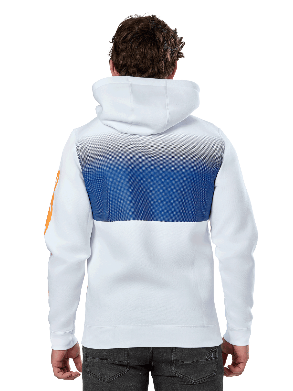Alpinestars Specter Hoodie, bianca, felpa streetwear casual con stampa sfumata blu sul retro, logo wordmark arancione sulla manica, vista posteriore