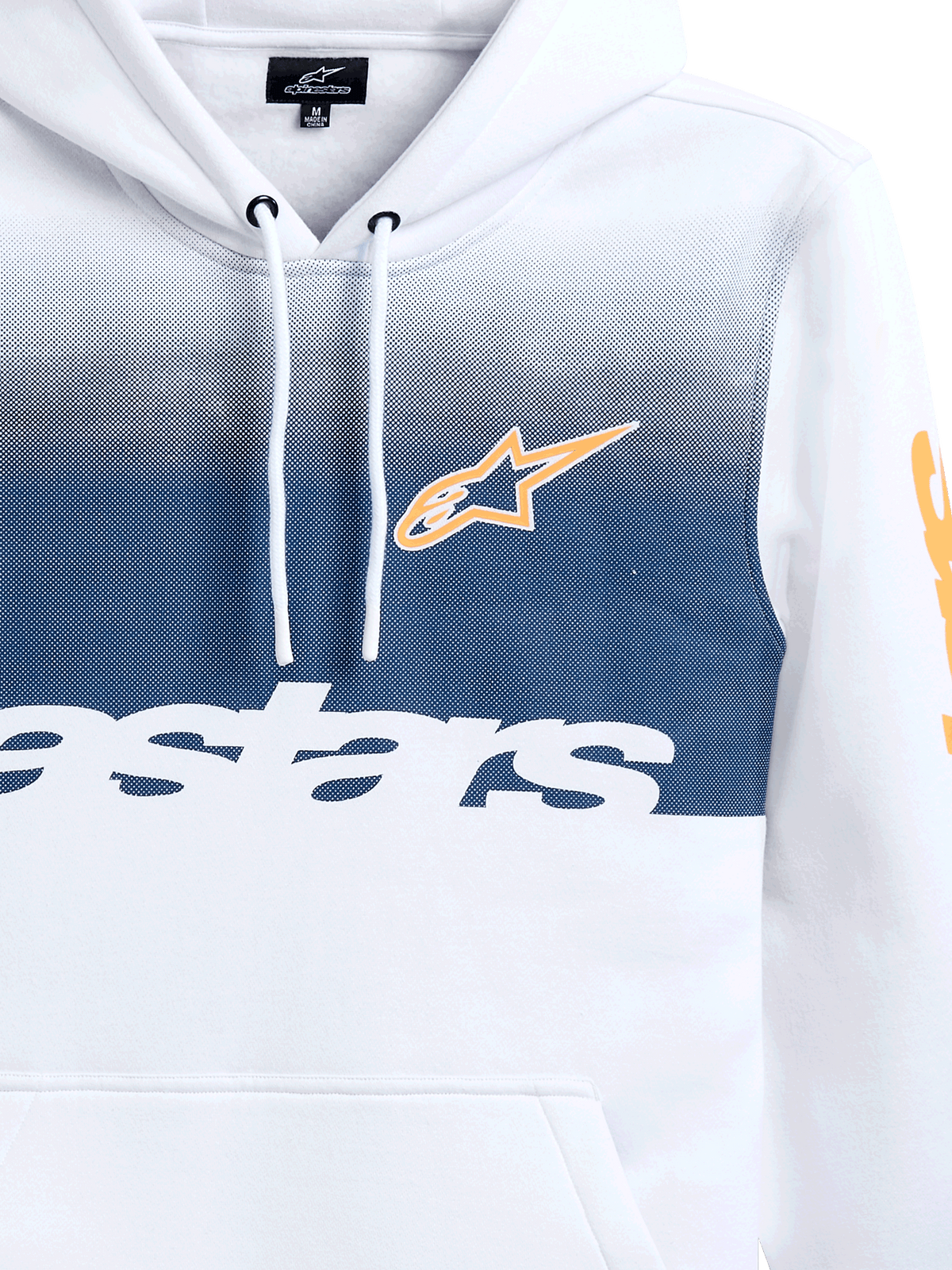 Felpa con cappuccio Alpinestars Specter, bianca con stampa sfumata blu navy, logo a stella Alpinestars arancione e scritta bianca, felpa in pile casual stile streetwear ispirata al motorsport con cappuccio e cordino
