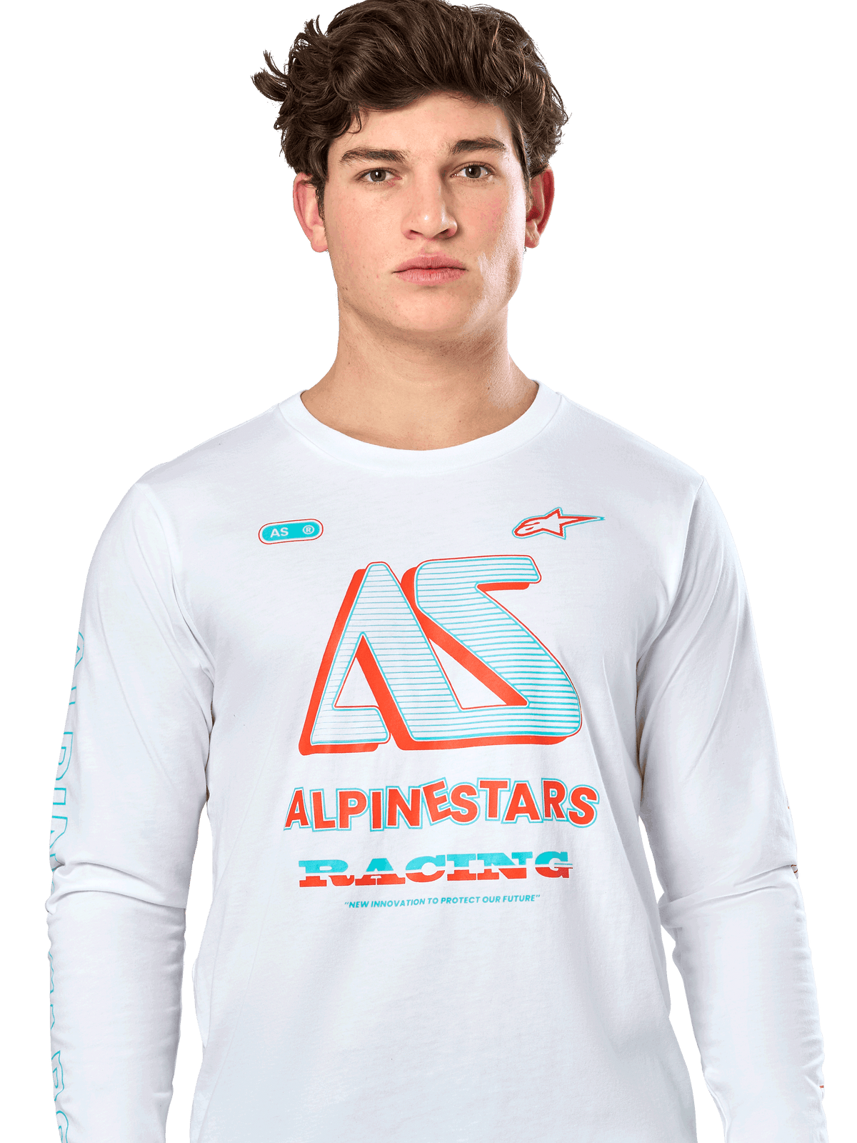 Alpinestars Ayess CSF Tee, maglietta a maniche lunghe, bianca, con grande grafica 'AS' color verde acqua e arancione e scritta 'ALPINESTARS RACING', streetwear casual ispirato al motorsport