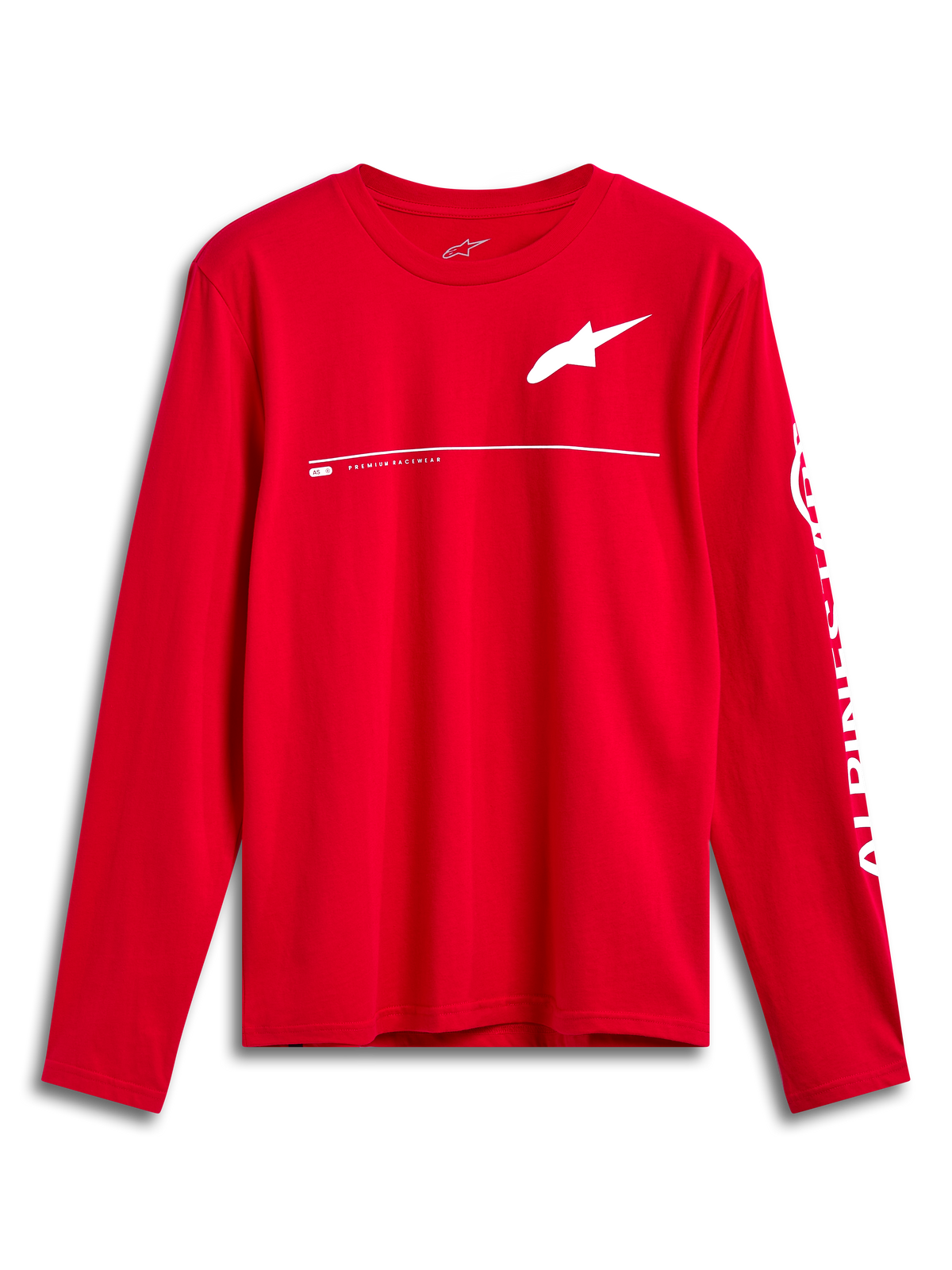 Alpinestars Committed CSF Tee, maglietta a maniche lunghe, rossa, logo Astars bianco sul petto e branding Alpinestars sulla manica, design casual ispirato al motorsport