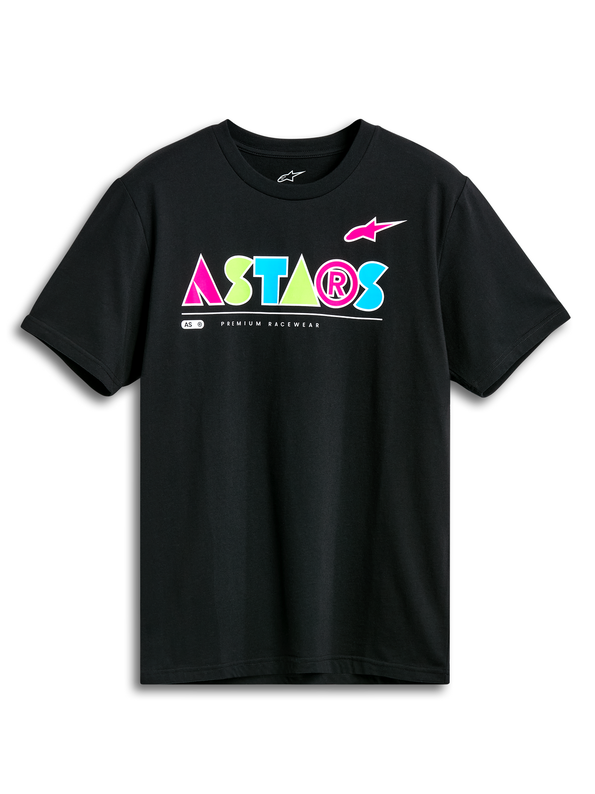 Alpinestars Cereal CSF Tee, maglietta a maniche corte, nero, logo ASTARS geometrico vivace in rosa, verde lime e azzurro, streetwear casual motorsport
