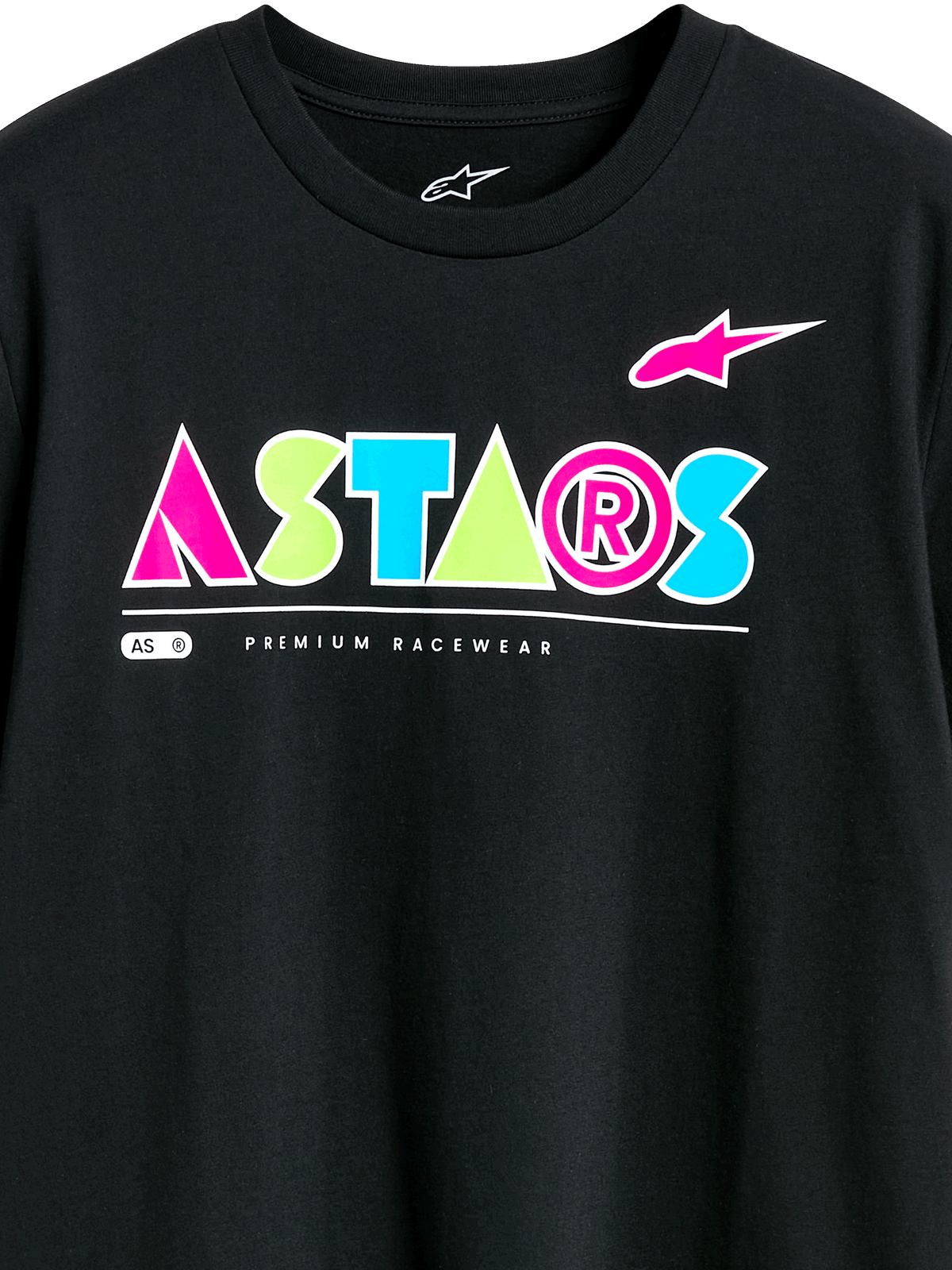 T-shirt Alpinestars Cereal CSF, maglietta a maniche corte, nero, logo geometrico ASTARS colorato con accenti rosa, verdi e blu, scritta Premium Racewear, abbigliamento casual motorsport