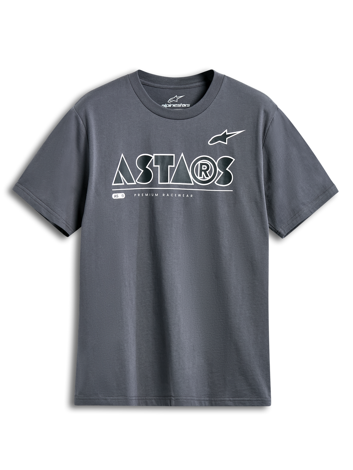 Alpinestars Maglietta Cereal CSF, t-shirt a maniche corte, antracite, logo ASTARS geometrico bianco con scritta Premium Racewear, abbigliamento casual streetwear motorsport