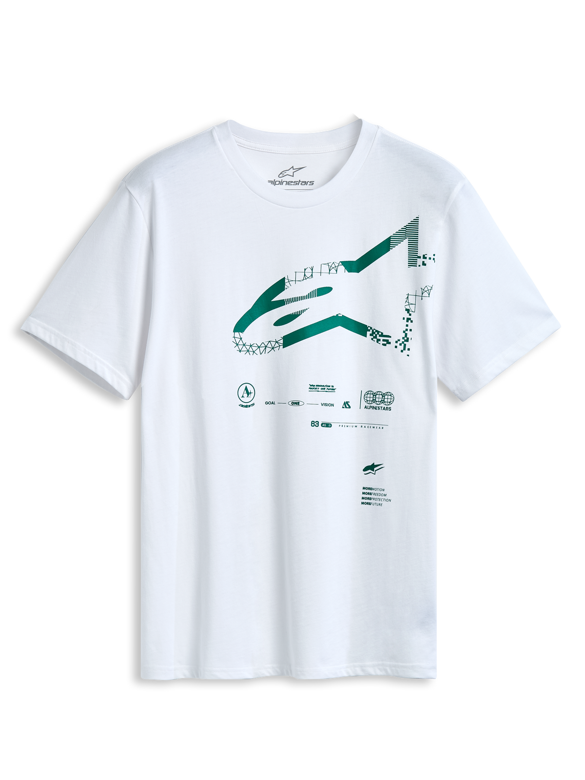 Alpinestars Geografica CSF Tee, t-shirt a maniche corte, bianca, logo Astars frontale verde con grafica multi-tech, abbigliamento sportivo casual motorsport