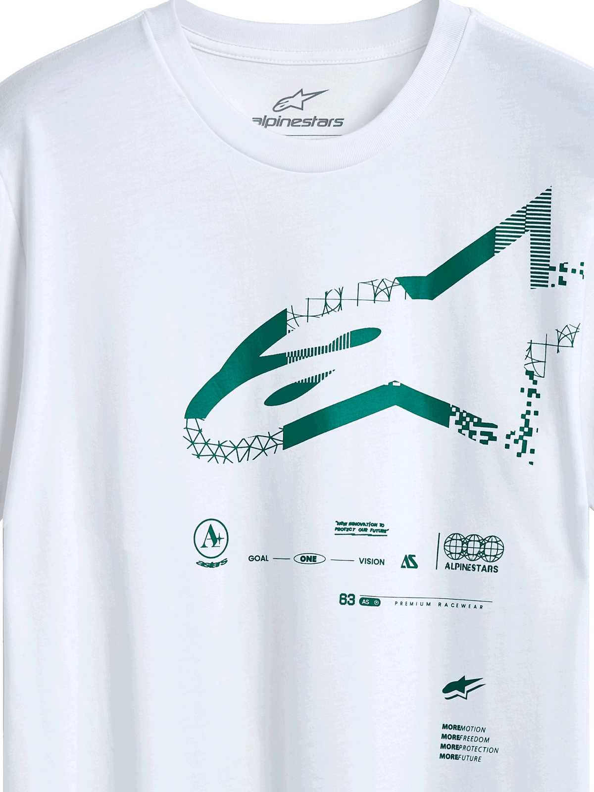 Alpinestars Geografica CSF Tee, maglietta a maniche corte, bianca, logo Astars verde multi-tech con grafiche geometriche e pixelate, abbigliamento casual motorsport streetwear