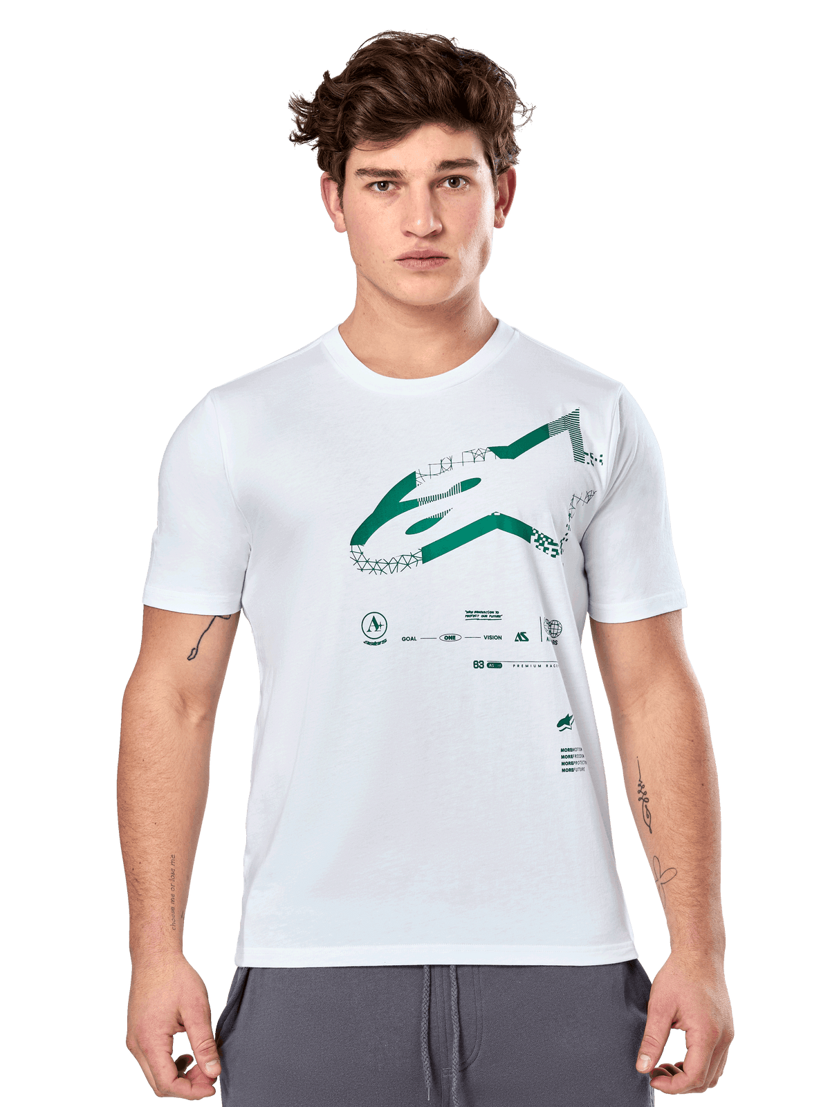 Alpinestars Geografica CSF Tee, maglietta a maniche corte bianca con grafica Astars multi-tech verde e simboli tecnici, abbigliamento sportivo casual da motorsport