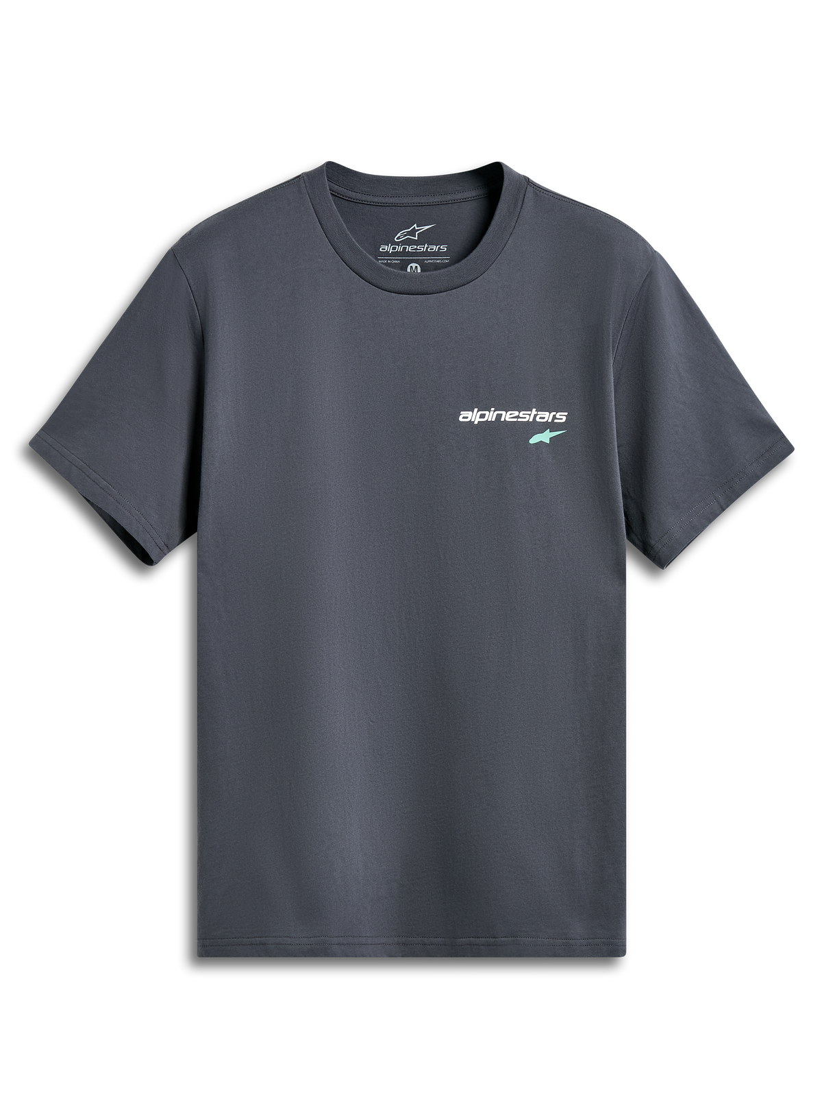 Alpinestars No Barrier CSF Tee, t-shirt a maniche corte, grigio antracite, piccolo logo testuale bianco con stella verde menta sul petto, abbigliamento casual ispirato al motorsport