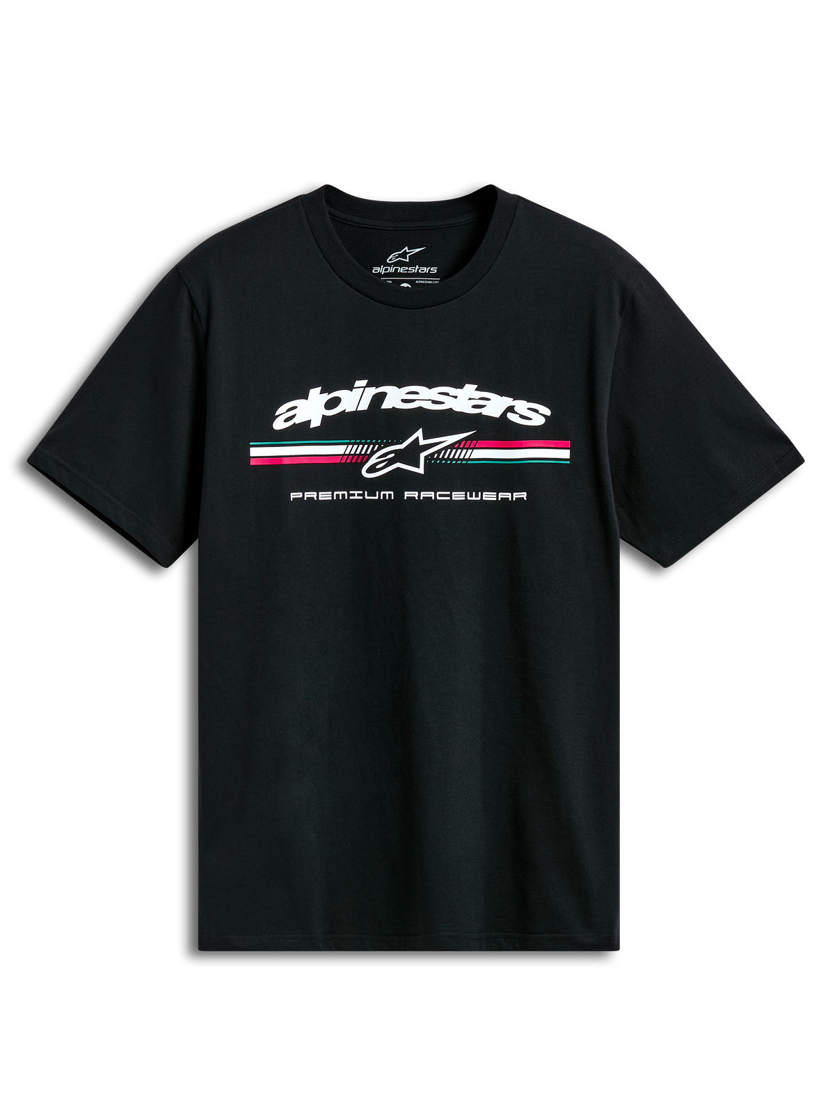 T-Shirt Prevail Csf, maglietta a maniche corte nera, logo tricolore stile paddock e scritta white sul petto, stile sportswear casual