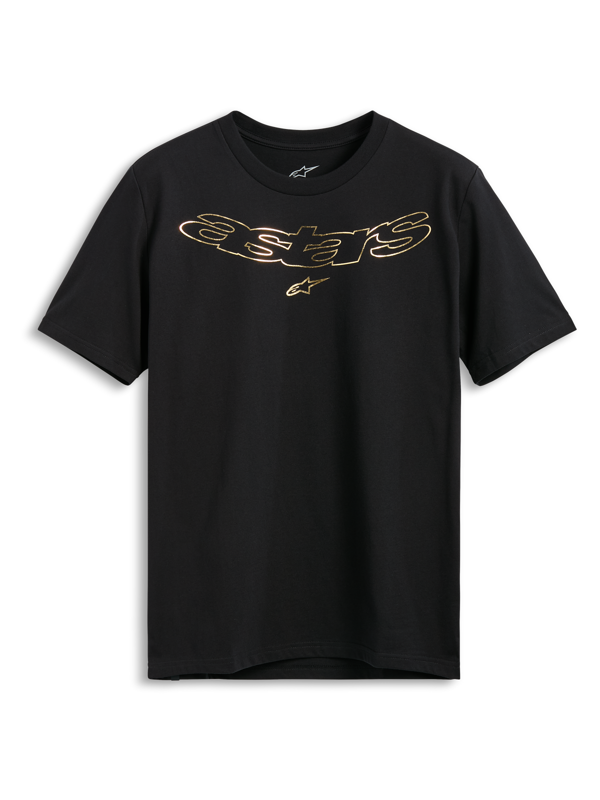 Alpinestars Luxo CSF Tee, maglietta a maniche corte, nera, logo Astars in oro metallizzato con simbolo della stella sul petto, abbigliamento casual motorsport
