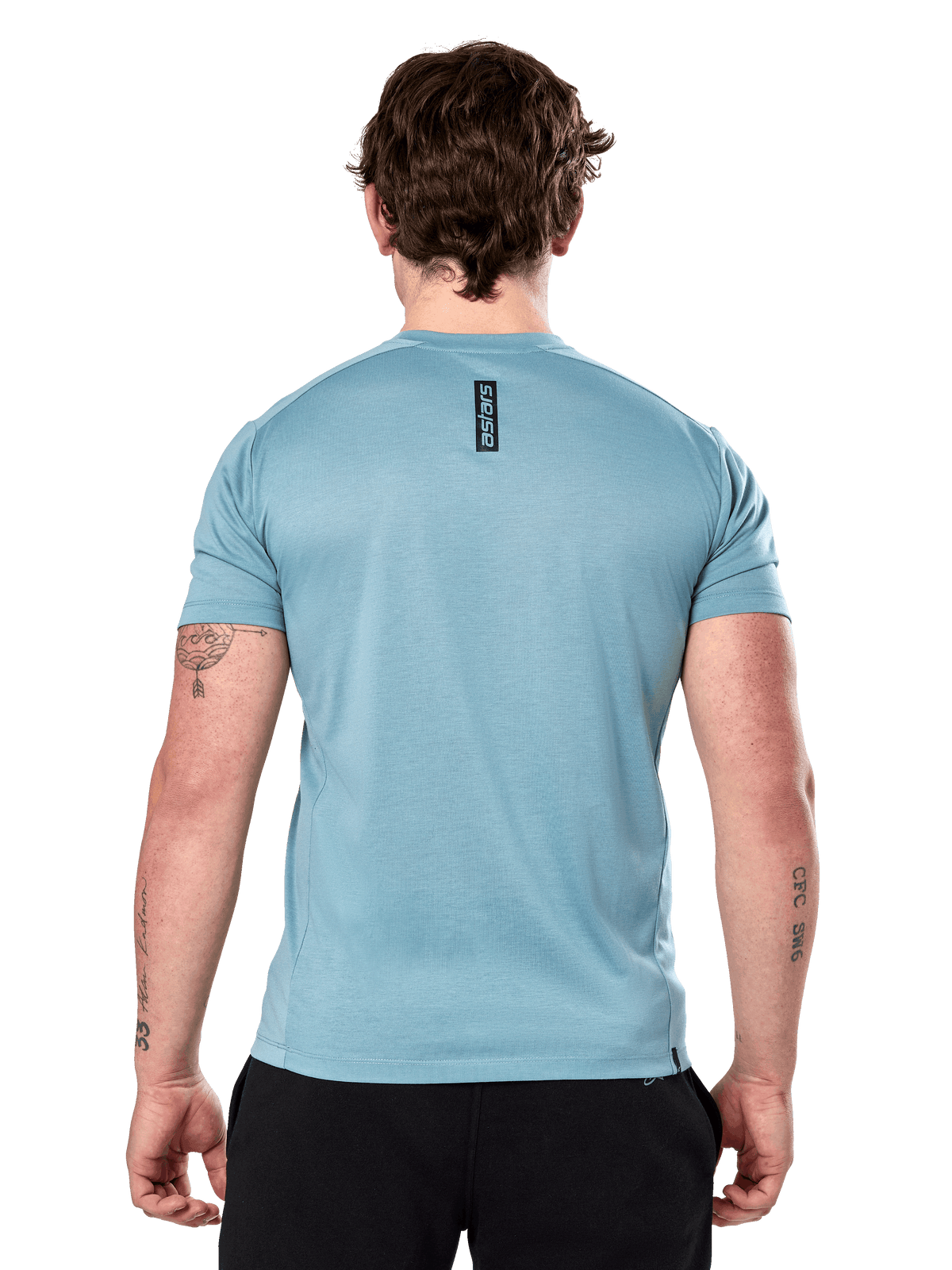 Alpinestars Point Performance Tee - Manica Corta, Ice Blue, vista posteriore con piccolo logo verticale 'astars' nero sulla parte superiore della schiena, tessuto tecnico traspirante, abbigliamento sportivo casual