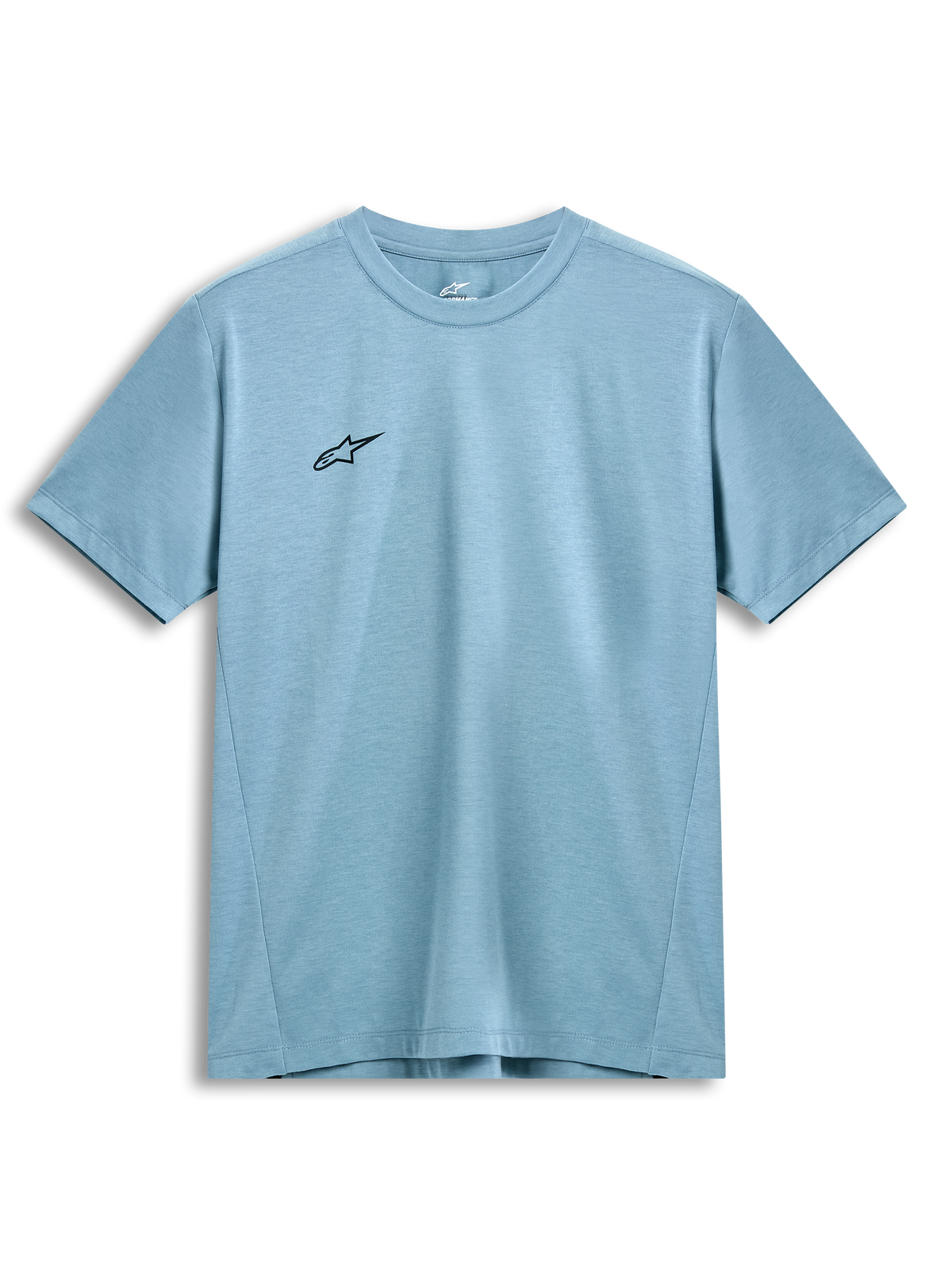 Alpinestars Point Performance Tee, t-shirt a maniche corte, Ice Blue, piccolo logo a stella nero sul petto, girocollo, tessuto tecnico traspirante sostenibile, abbigliamento casual motorsport