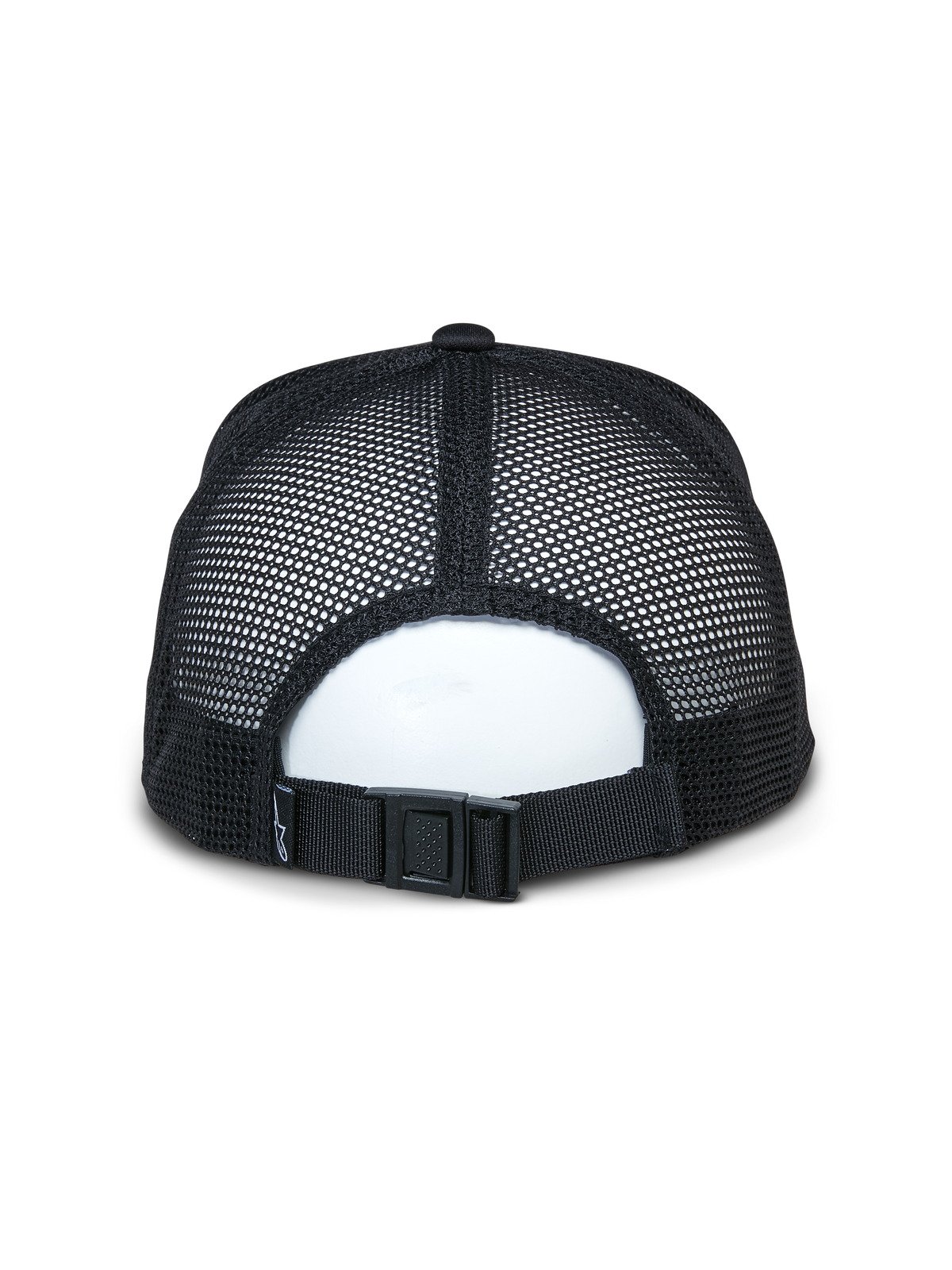 Cappello Trucker Alpinestars Alter, nero, vista posteriore con pannelli in mesh riciclato traspirante e chiusura regolabile con fibbia, accessorio sportivo casual