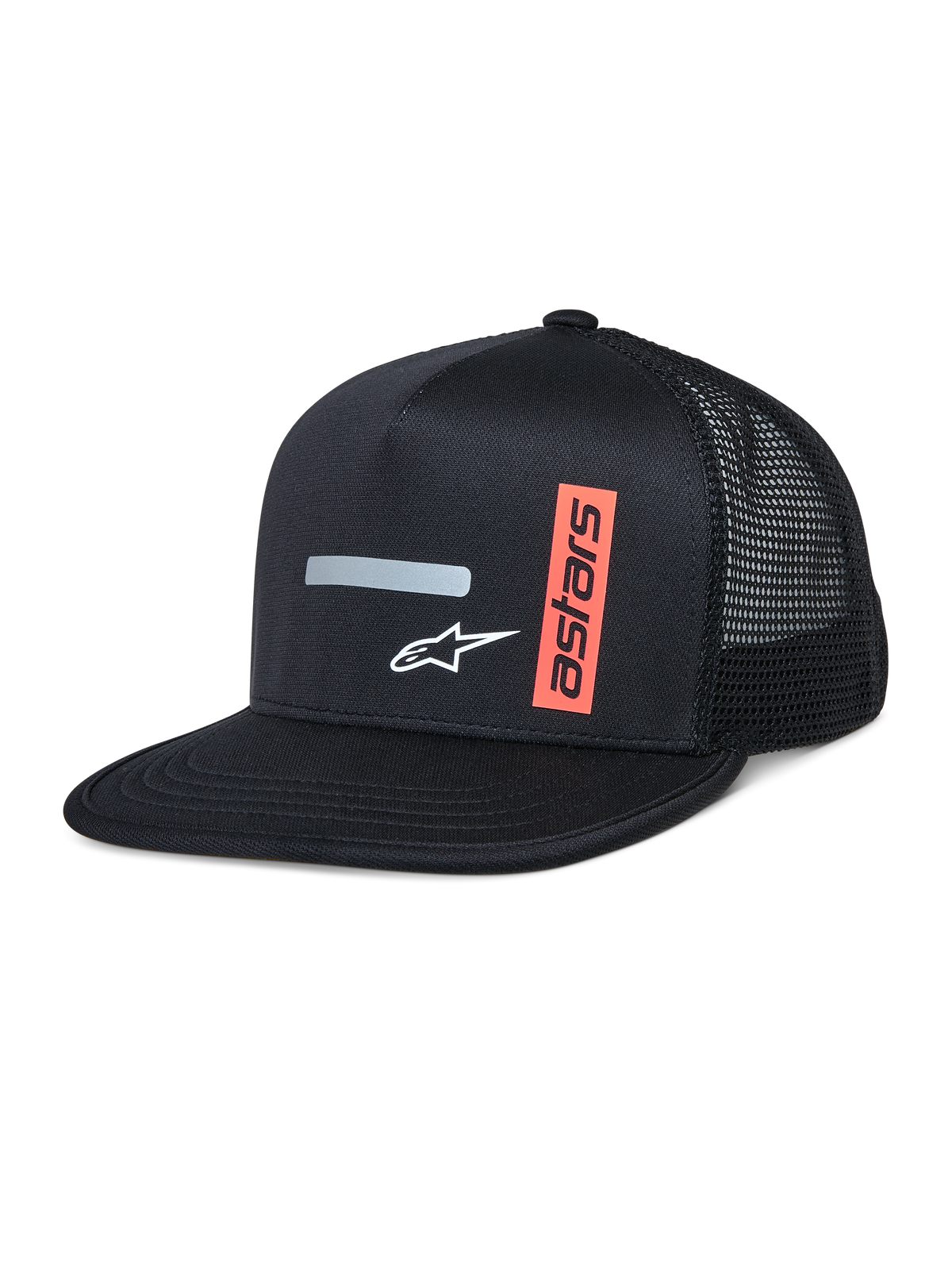 Alpinestars Alter Trucker Hat, cappellino trucker nero con corona strutturata e visiera piatta, retro in rete traspirante, con striscia grigia riflettente orizzontale, logo A-star bianco e grafica astars arancione verticale, streetwear casual ispirato al motorsport