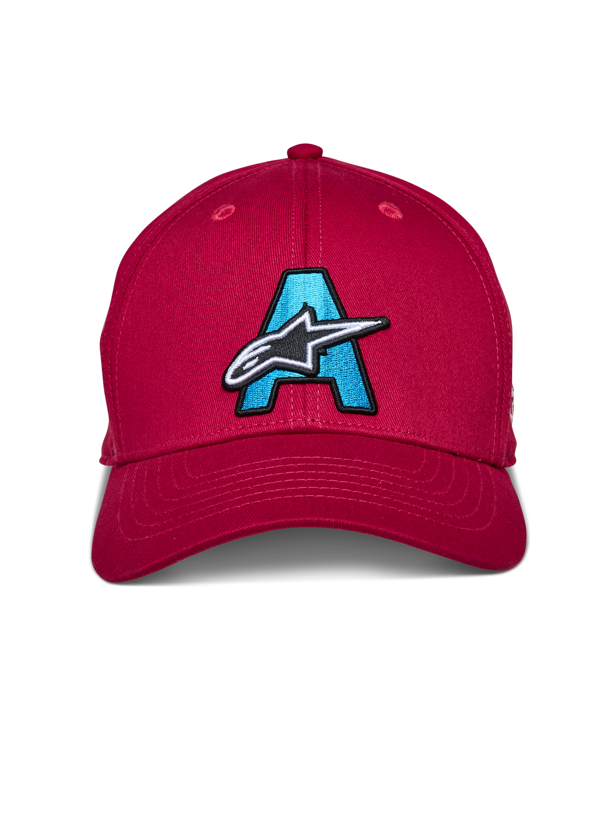 Alpinestars Elemental Hat, rosso, cappello con visiera curva e corona strutturata, caratterizzato da una grande 'A' azzurra ricamata con logo a stella Alpinestars bianco e nero sul davanti, copricapo casual da motorsport