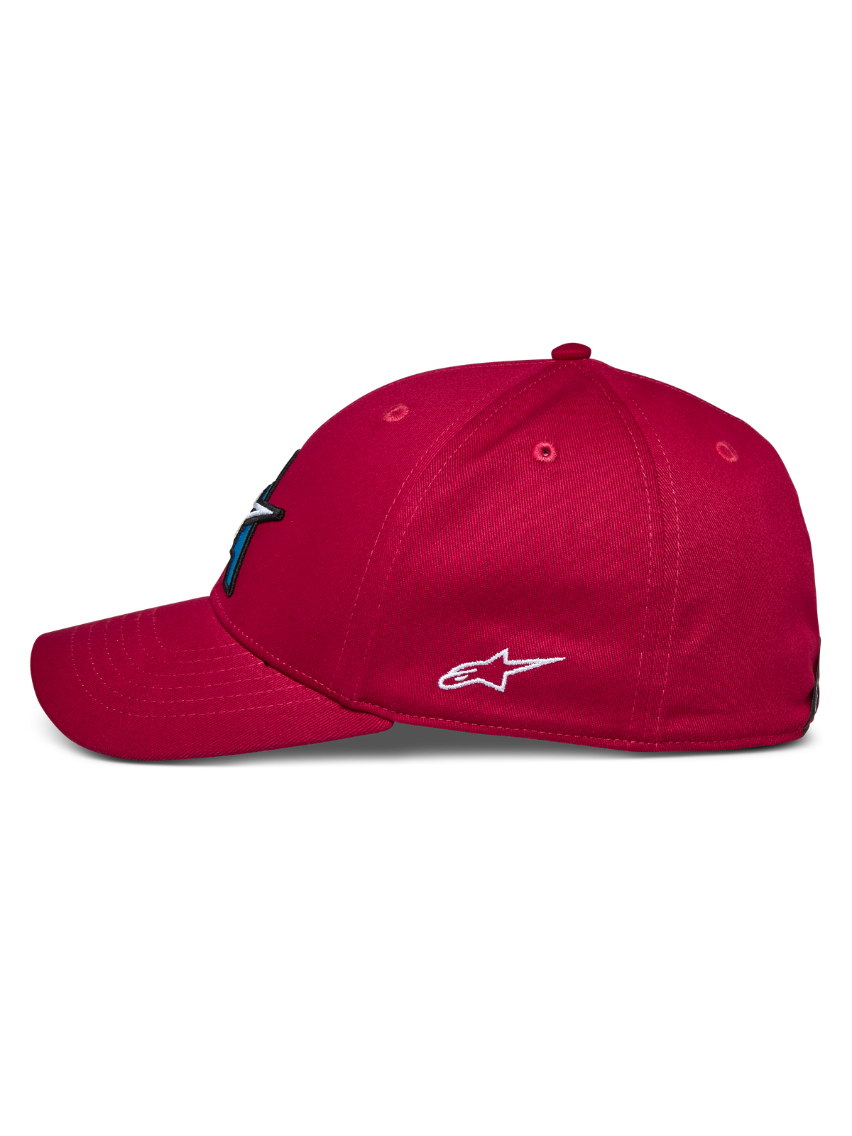 Cappello Alpinestars Elemental, rosso, vista di profilo laterale, visiera curva e corona strutturata, logo Alpinestars bianco ricamato sul lato, copricapo casual di ispirazione motorsport