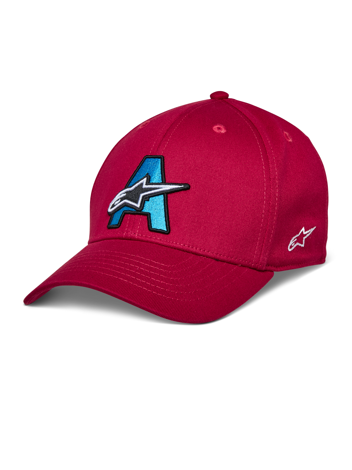 Alpinestars Elemental Hat, cappellino da baseball rosso, logo A ricamato in 3D blu ciano e nero, design con stella bianca, visiera curva, corona strutturata, copricapo casual da motorsport