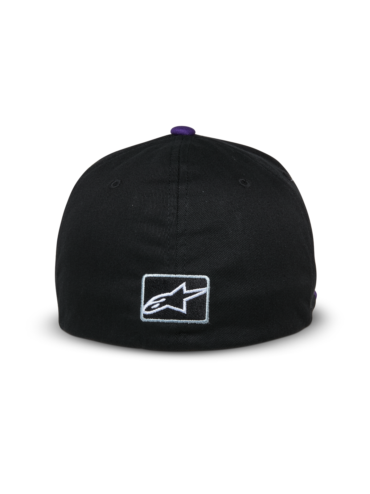 Cappello Alpinestars Franchise, vista posteriore di un cappellino da baseball nero, bottone viola sulla parte superiore, piccolo logo Astars ricamato in bianco sul retro, design flex-back, streetwear casual ispirato al motorsport