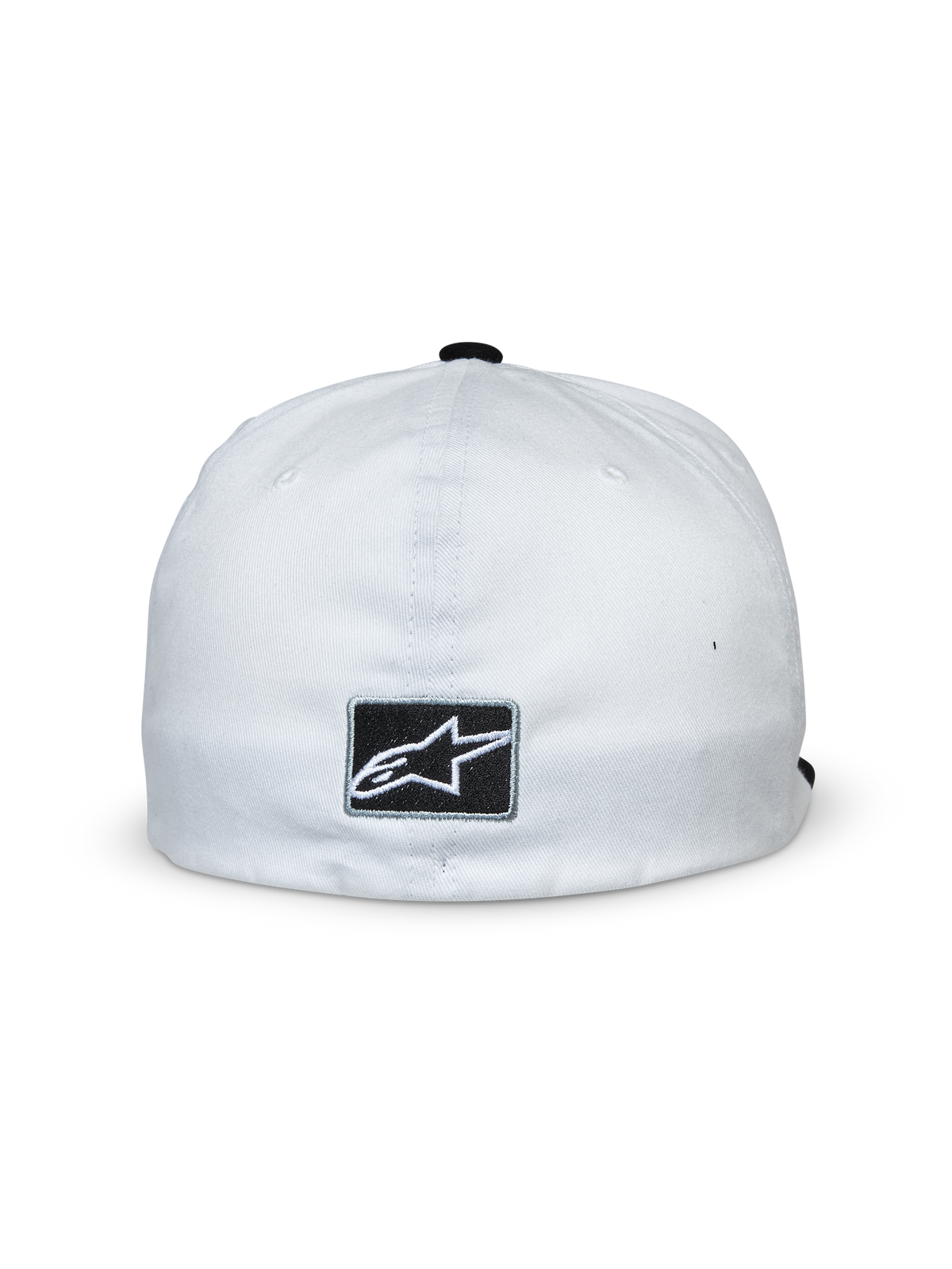 Cappello Alpinestars Franchise, bianco e nero, vista posteriore con patch rettangolare nera e logo Alpinestars a stella bianco, design con retro flessibile, copricapo casual ispirato al motorsport