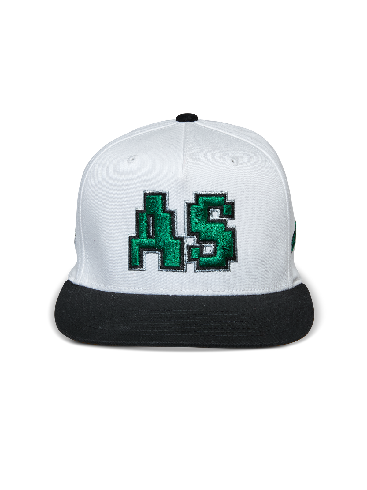 Cappello Alpinestars Franchise, cappello con visiera piatta, bianco e nero, logo AS ricamato in 3D verde sul davanti, corona strutturata con visiera piatta nera, copricapo casual ispirato al motorsport