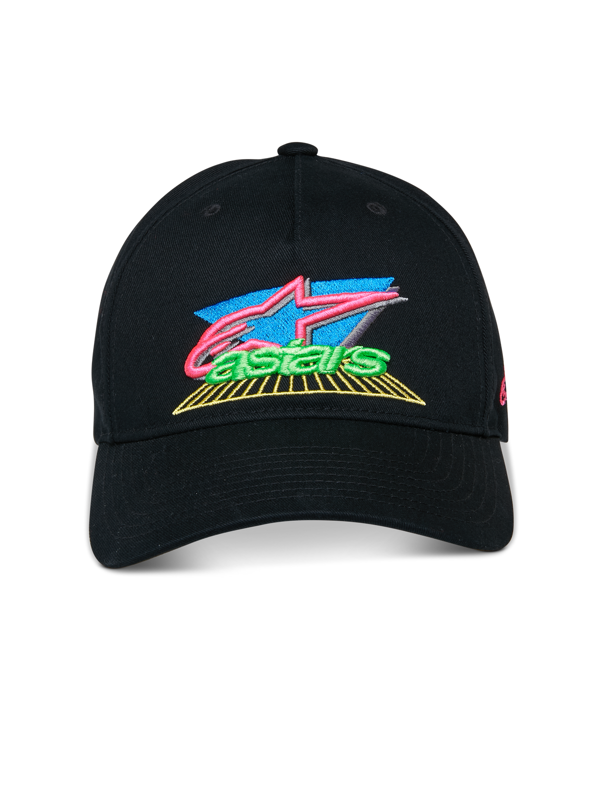 Cappello Alpinestars Vivid, nero, cappellino con visiera curva, vivace logo ricamato in 3D con accenti rosa, blu e verdi, corona bassa semi-strutturata, streetwear casual da motorsport