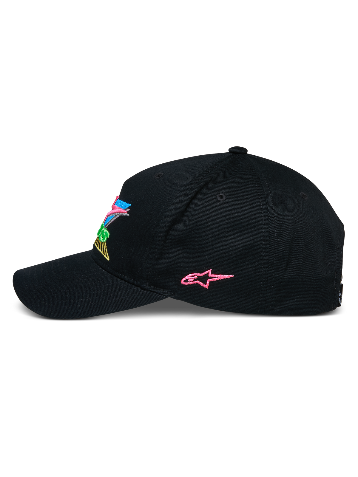 Cappello Alpinestars Vivid, cappellino da baseball snapback nero, profilo laterale con logo a stella ricamato in rosa e branding frontale 3D colorato, visiera curva, streetwear casual ispirato al motorsport