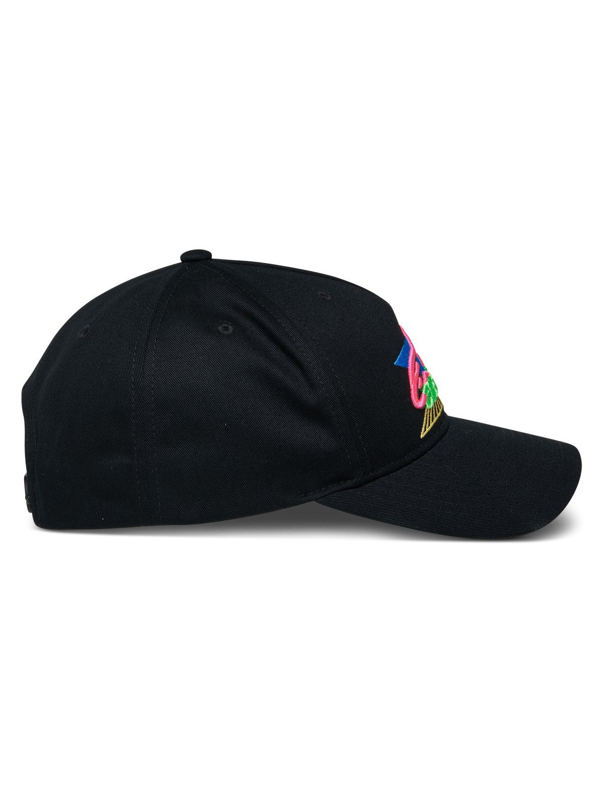 Cappello Alpinestars Vivid, berretto da baseball nero, vista laterale con visiera curva e corona semi-strutturata, logo ricamato in 3D colorato sulla parte anteriore, streetwear casual in twill di cotone