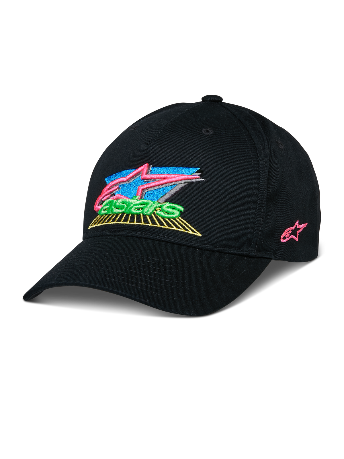 Cappello Alpinestars Vivid, cappellino da baseball nero con logo ricamato in 3D, accenti vivaci in rosa, blu, verde e giallo, visiera curva strutturata, streetwear casual ispirato al motorsport