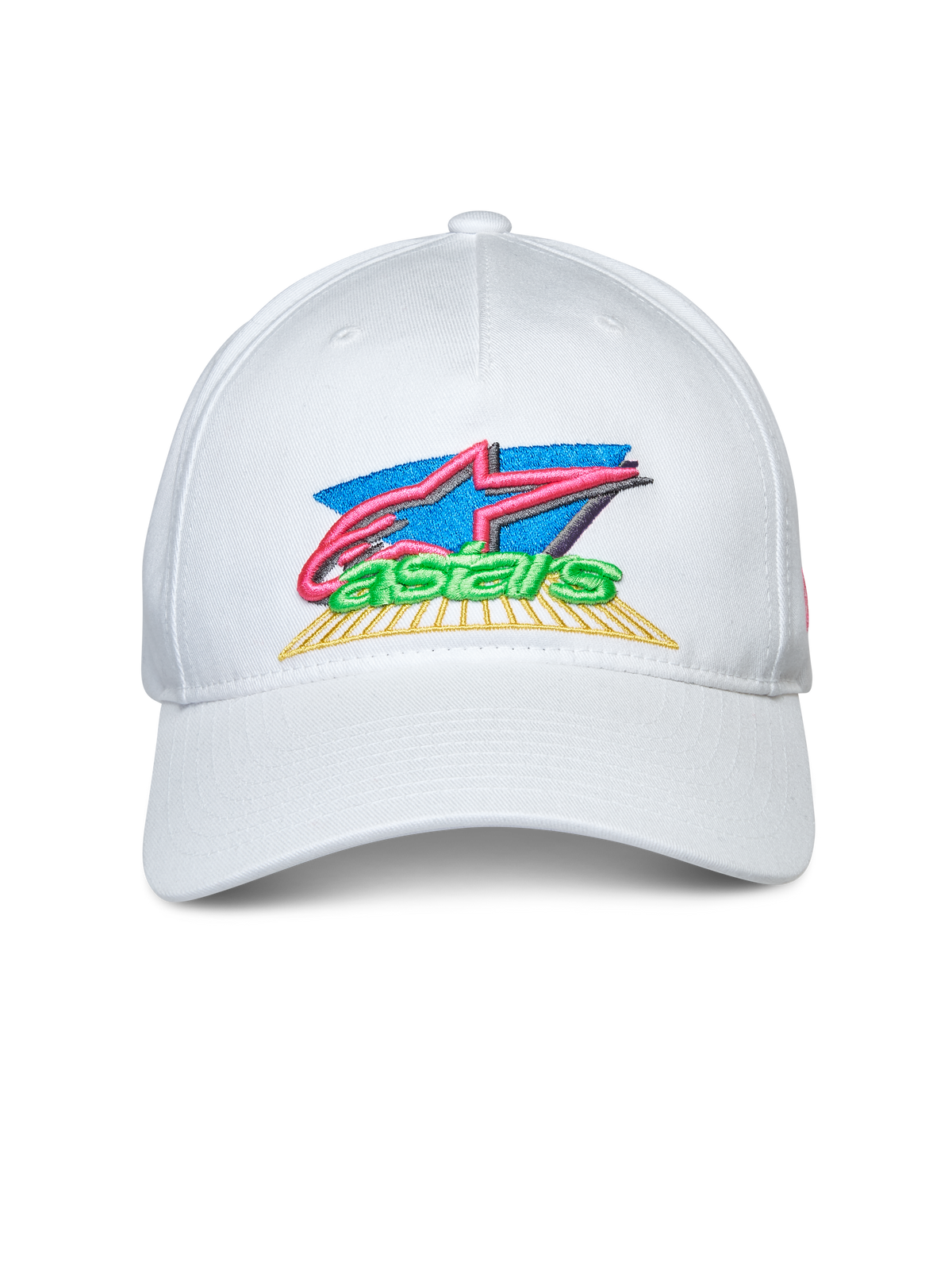 Cappello Alpinestars Vivid, bianco, modello snapback con visiera curva, ricamo colorato del logo frontale in 3D e piatto, abbigliamento sportivo casual