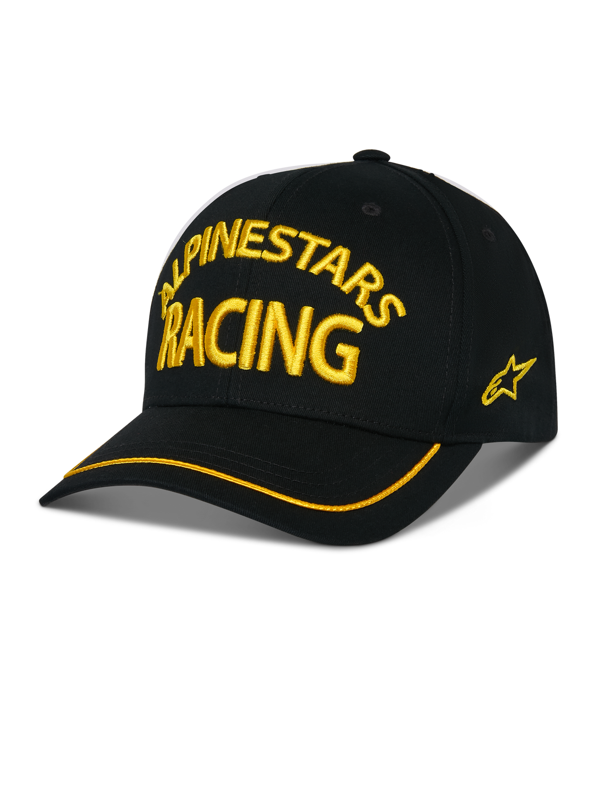 Alpinestars Luminary Hat, cappellino da baseball nero, ricamo 3D giallo "ALPINESTARS RACING", visiera curva con bordo giallo, logo stella laterale, streetwear casual motorsport