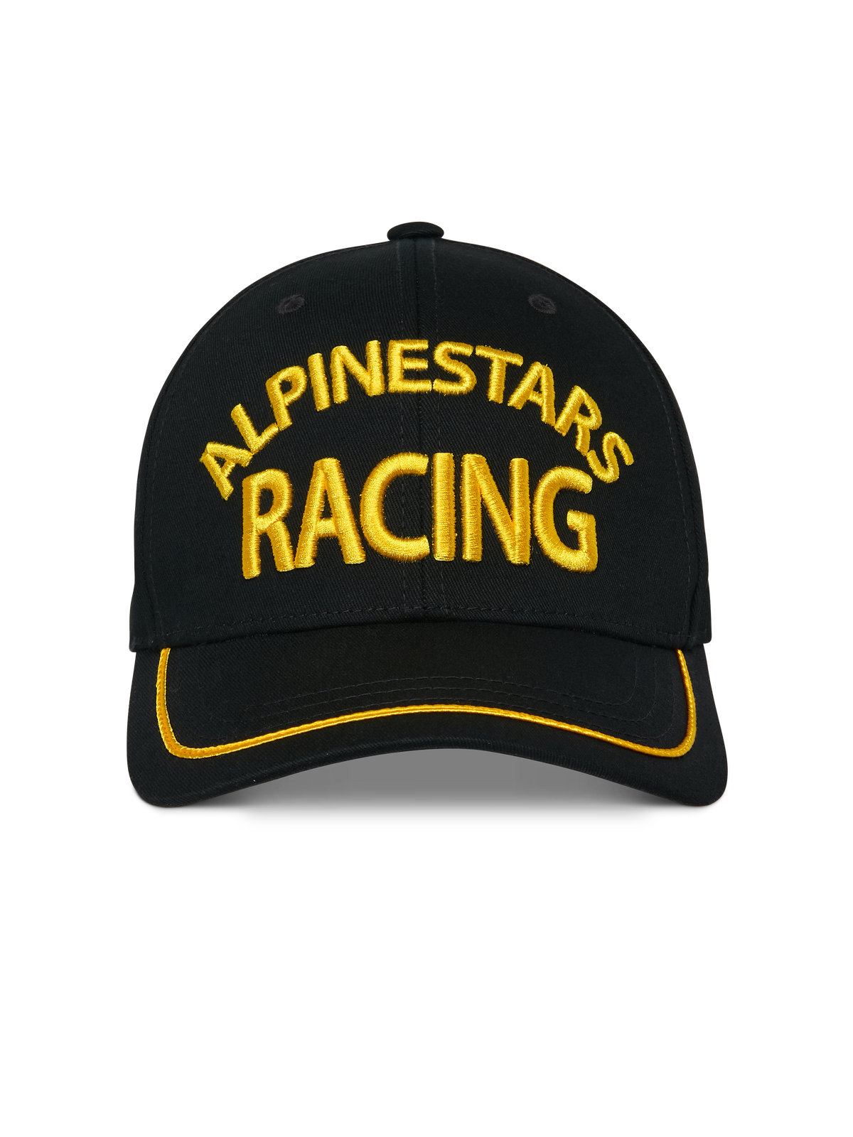 Cappello Alpinestars Luminary, cappellino snapback nero, ricamo frontale 3D giallo Alpinestars Racing, visiera curva con bordo sutache giallo, copricapo casual da motorsport