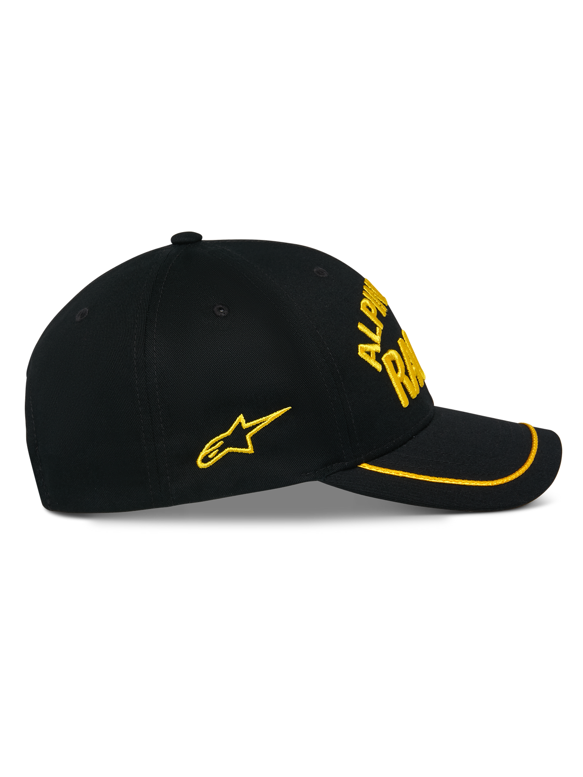 Alpinestars Luminary Hat, cappellino snapback nero, vista laterale, visiera curva con bordo sutache giallo, logo 3D e stella laterale ricamati in giallo, 100% cotone twill, copricapo casual ispirato al motorsport
