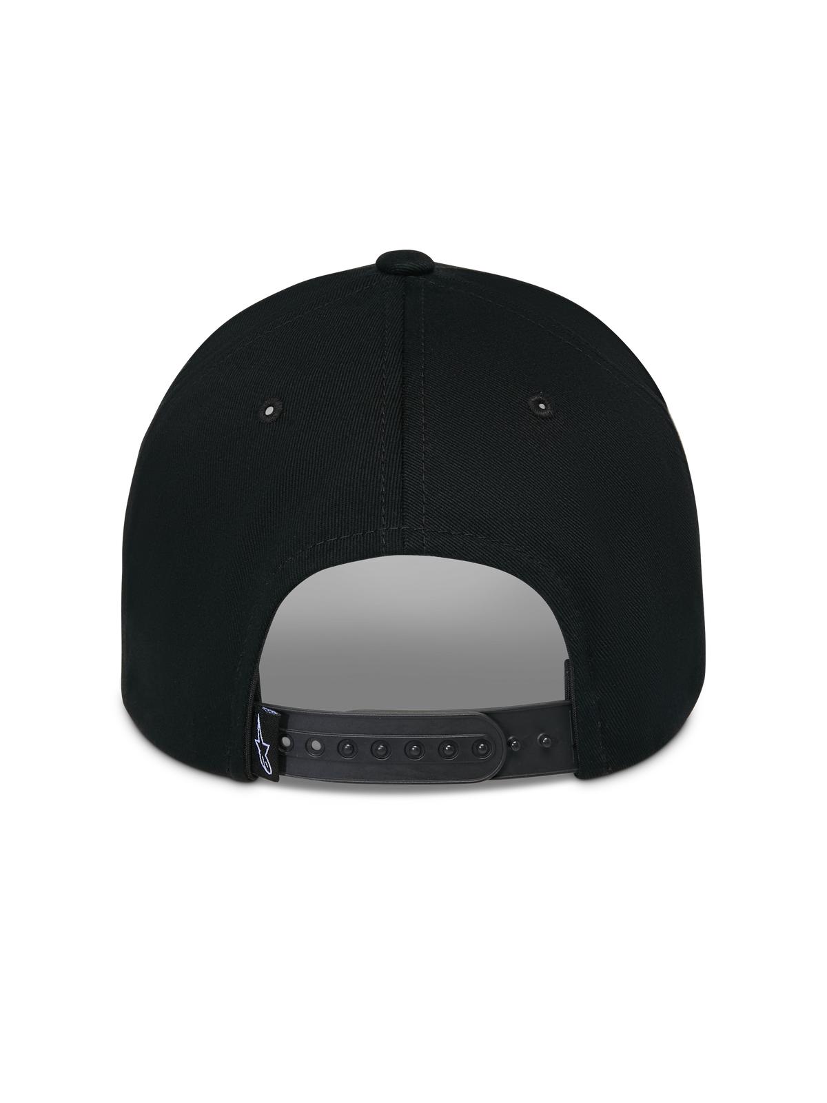 Cappello Alpinestars Luminary, nero, vista posteriore con chiusura snapback regolabile e piccola etichetta con logo in tessuto, corona strutturata in cotone, copricapo casual ispirato al motorsport