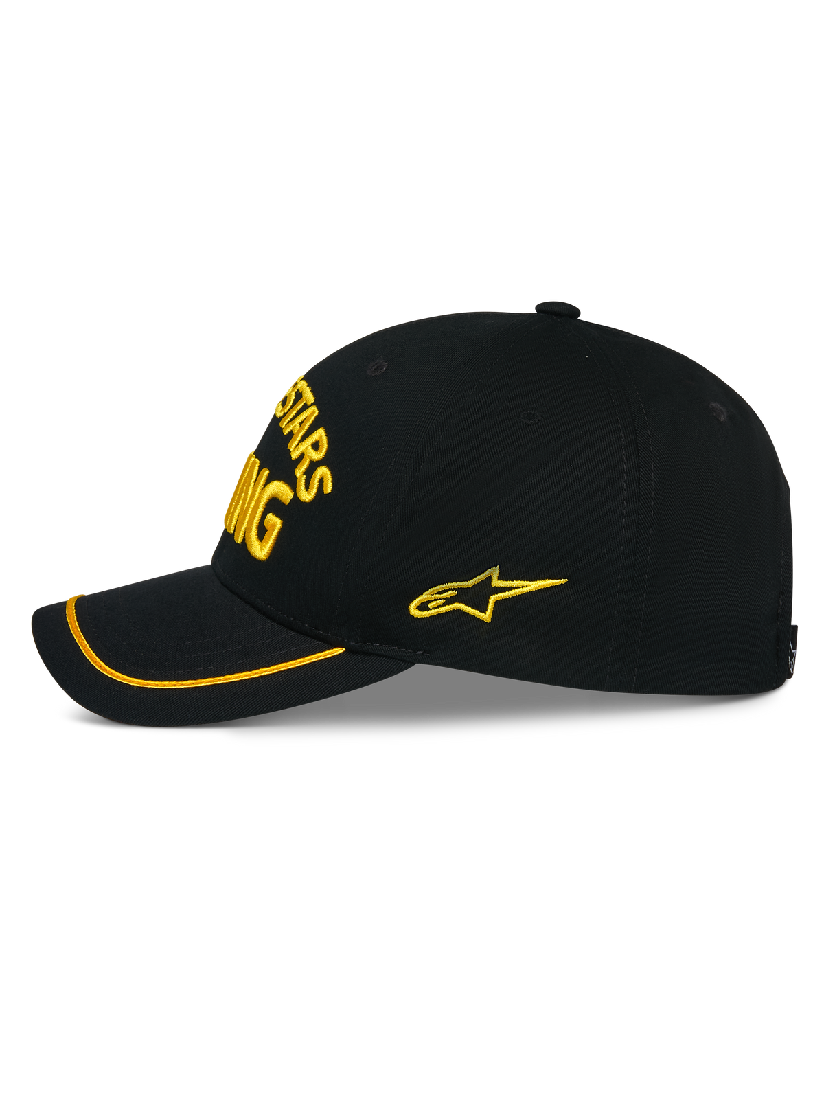 Alpinestars Cappello Luminary, cappellino snapback nero visto di lato, ricamo 3D giallo sul davanti e sul lato, visiera curva con bordo in sutache giallo, costruzione in twill di cotone strutturato