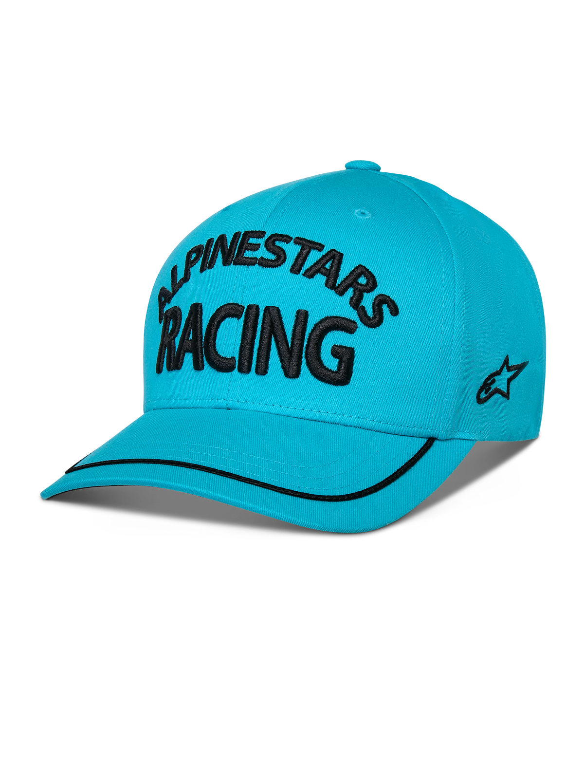 Cappello Alpinestars Luminary, snapback con visiera curva, blu acqua, con scritta 'ALPINESTARS RACING' ricamata in 3D nera, logo laterale ricamato piatto e bordo sutache nero sulla visiera, copricapo casual ispirato al motorsport.