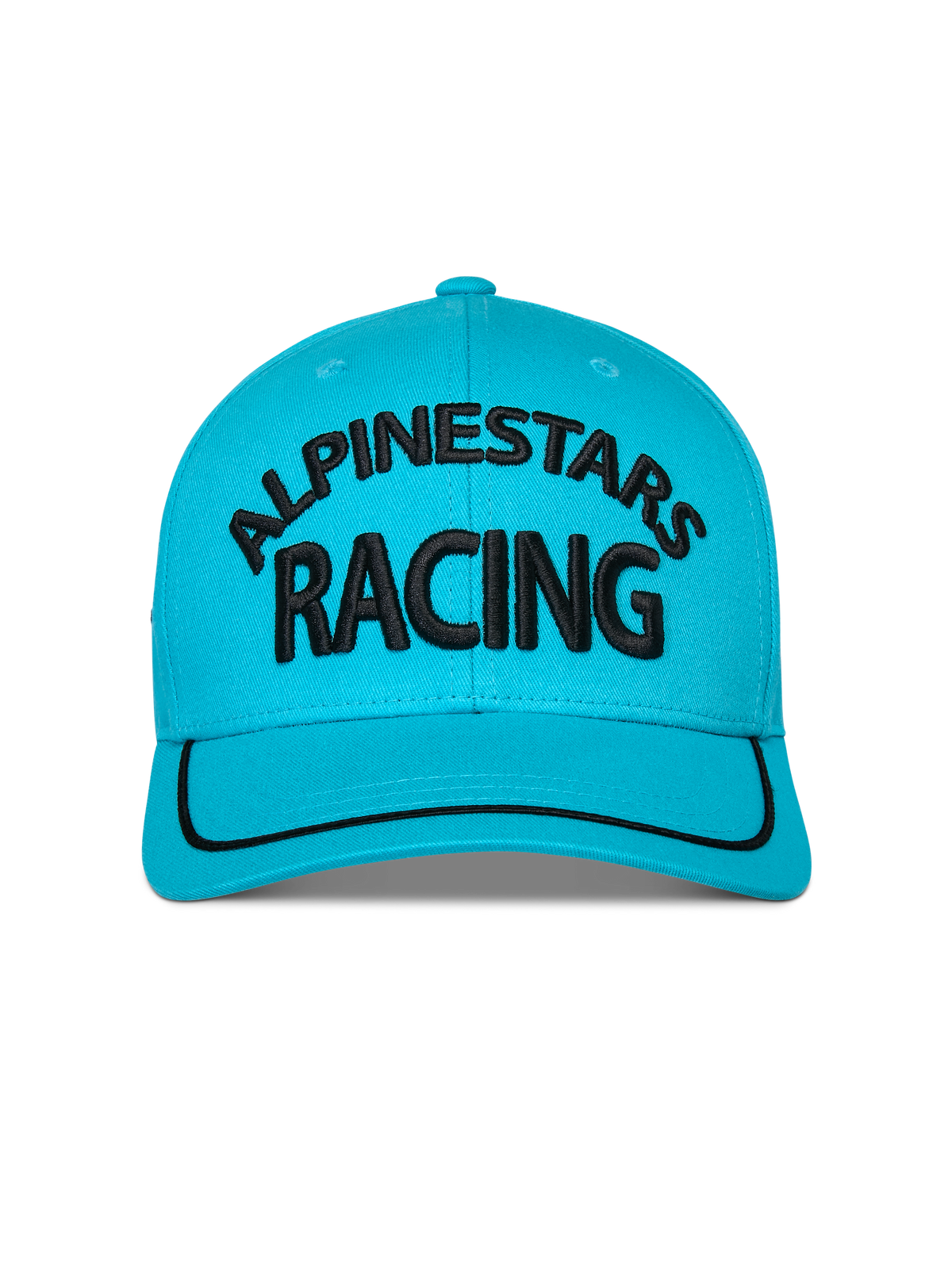 Cappello Alpinestars Luminary, Blu Acqua, vista frontale di cappello snapback con visiera curva, logo Alpinestars Racing nero ricamato in 3D, bordo in sutache nero sulla visiera, corona strutturata, abbigliamento sportivo casual