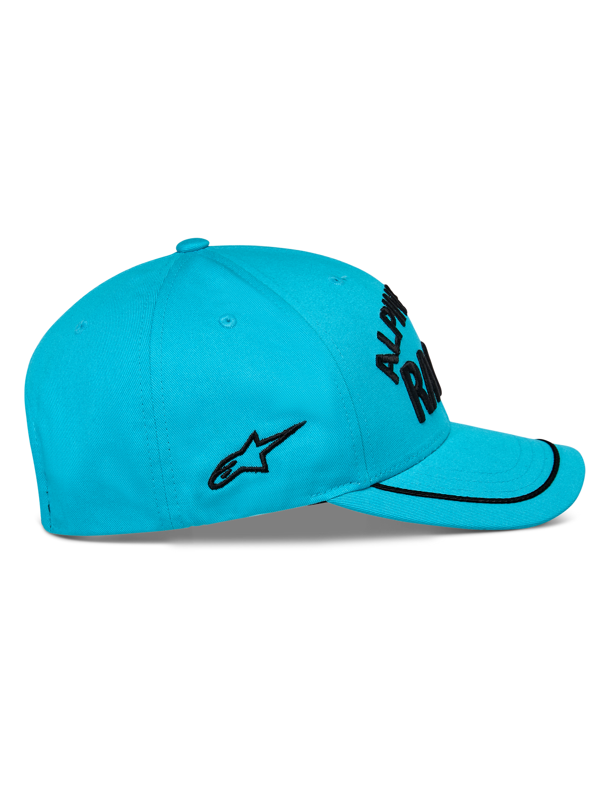 Cappello Alpinestars Luminary, blu acqua, vista laterale, visiera curva con bordo sutache nero, logo ricamato piatto nero sul lato, corona strutturata, copricapo casual da motorsport