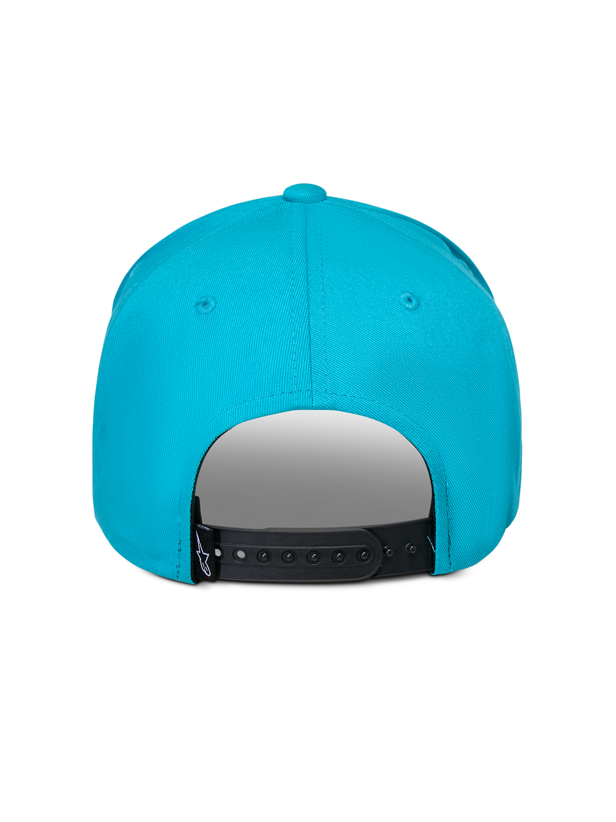 Cappello Alpinestars Luminary, blu acqua, vista posteriore con chiusura snapback nera regolabile, piccola etichetta con logo nero, 100% twill di cotone, accessorio sportswear casual