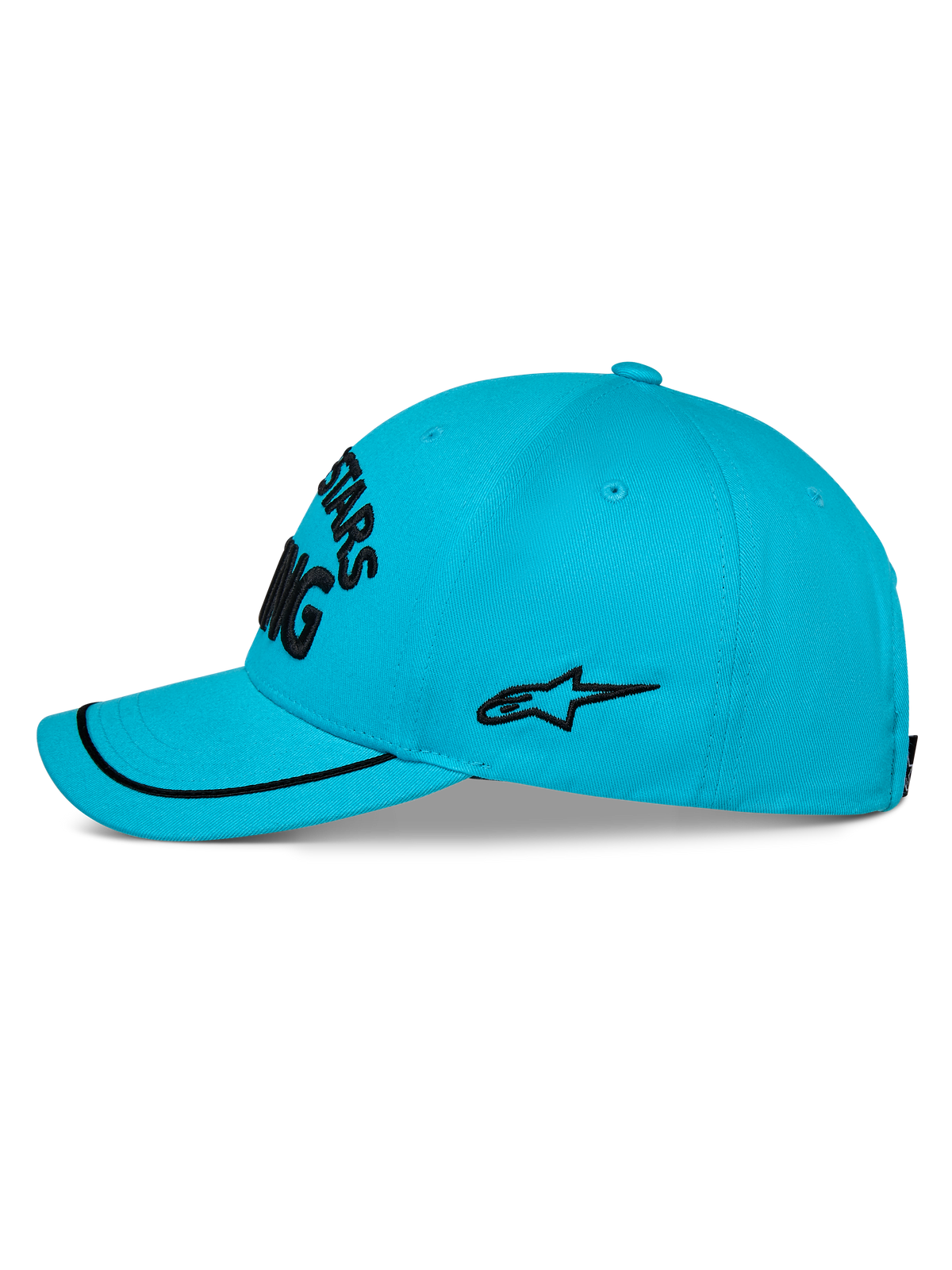 Cappello Alpinestars Luminary, cappellino da baseball blu acqua, vista di profilo laterale, visiera curva con bordo sutache nero, logo laterale ricamato nero, corona strutturata, abbigliamento sportivo casual