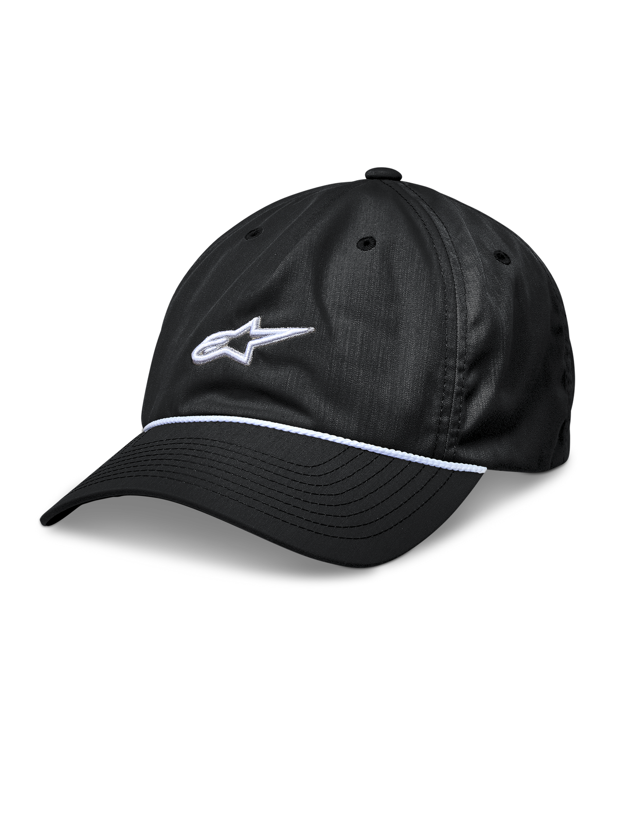 Alpinestars Tyler Hat, cappellino da baseball nero snapback, visiera curva con bordo in corda intrecciata bianca, logo a stella bianco ricamato in 3D, corona bassa non strutturata, abbigliamento sportivo casual