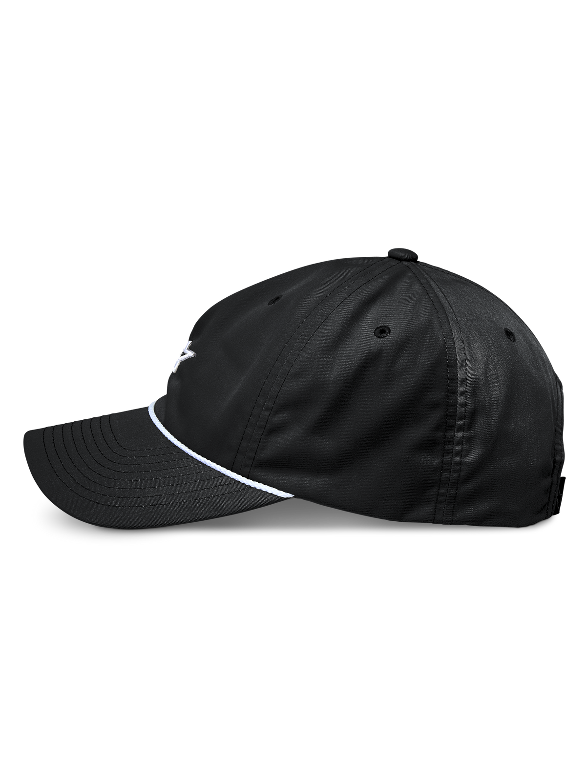 Cappello Alpinestars Tyler, berretto da baseball snapback nero, vista laterale di profilo, con visiera curva e finitura in corda intrecciata bianca, corona bassa non strutturata, realizzato in twill riciclato, design casual ispirato al motorsport
