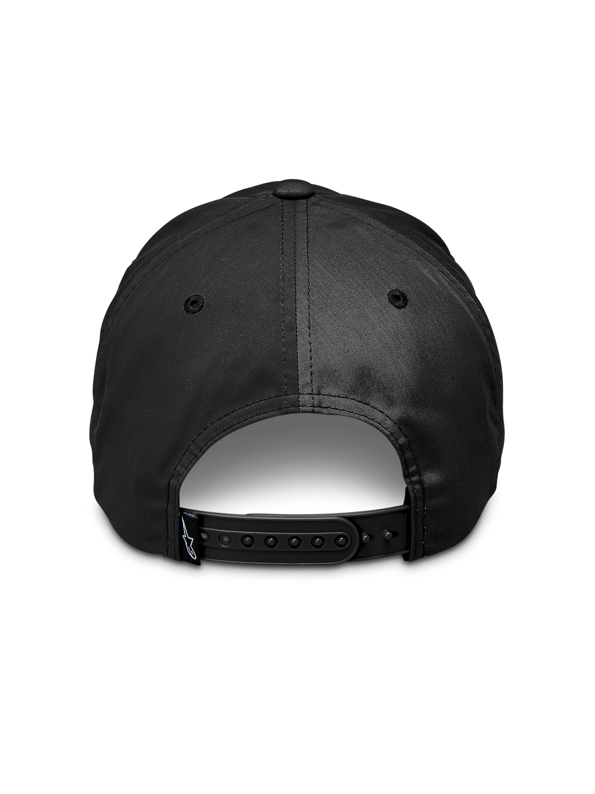 Cappello Alpinestars Tyler, nero, vista posteriore con chiusura snapback regolabile, piccola etichetta con logo sul cinturino, twill di poliestere riciclato, accessorio sportswear casual