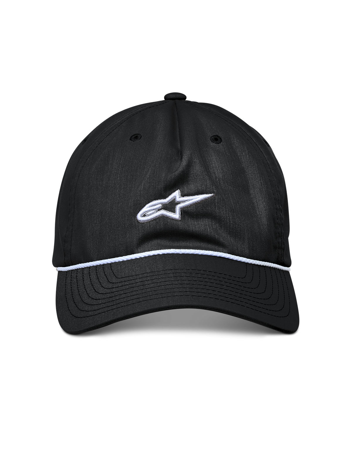 Alpinestars Cappello Tyler, cappello snapback nero, visiera curva con rifinitura in corda intrecciata bianca, logo Astars ricamato bianco, abbigliamento sportivo casual