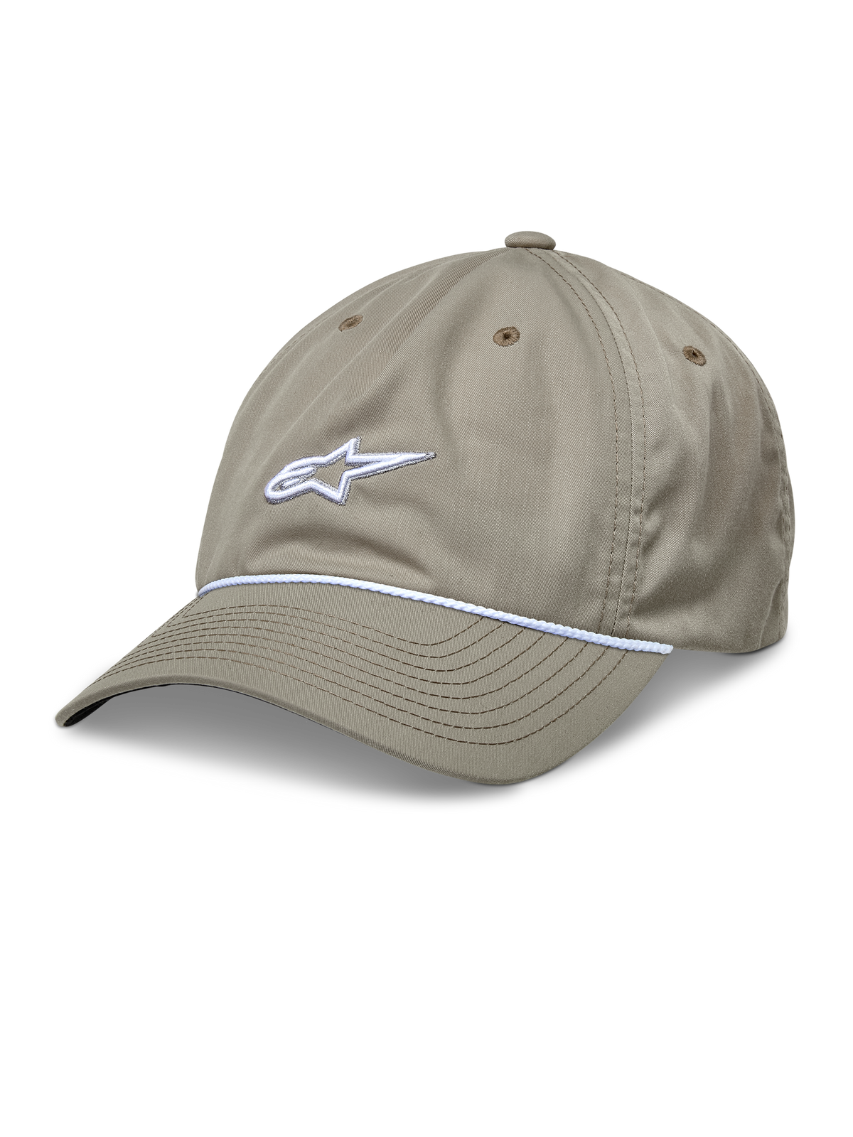 Alpinestars Tyler Hat, cappellino da baseball kaki con logo bianco ricamato in 3D e rifinitura in corda intrecciata bianca, corona bassa non strutturata con visiera curva, costruzione a sei pannelli in twill riciclato con fori di ventilazione.